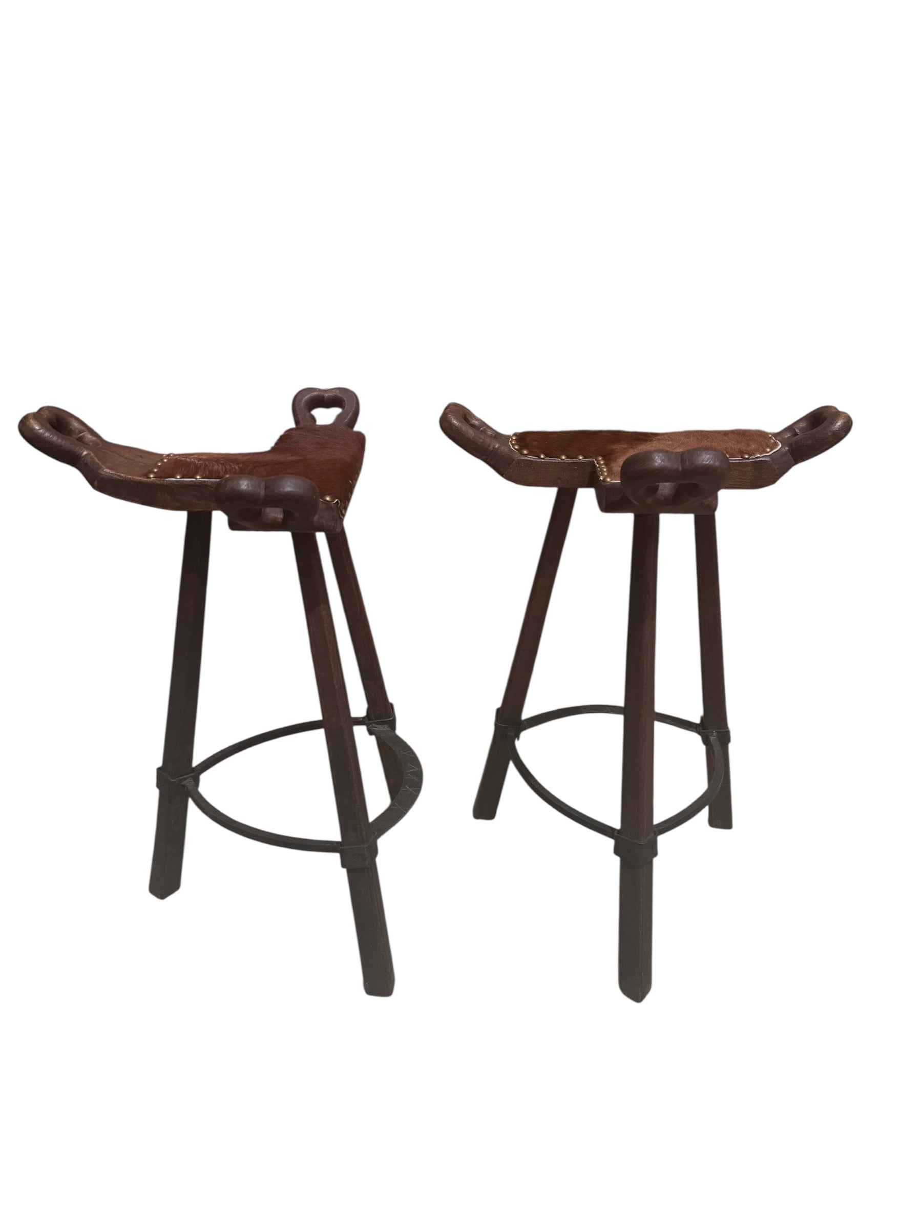 Primitive Asian Birthing Chair Inspired Bar Stools Newly Reupholstered in Cowhide - Pair