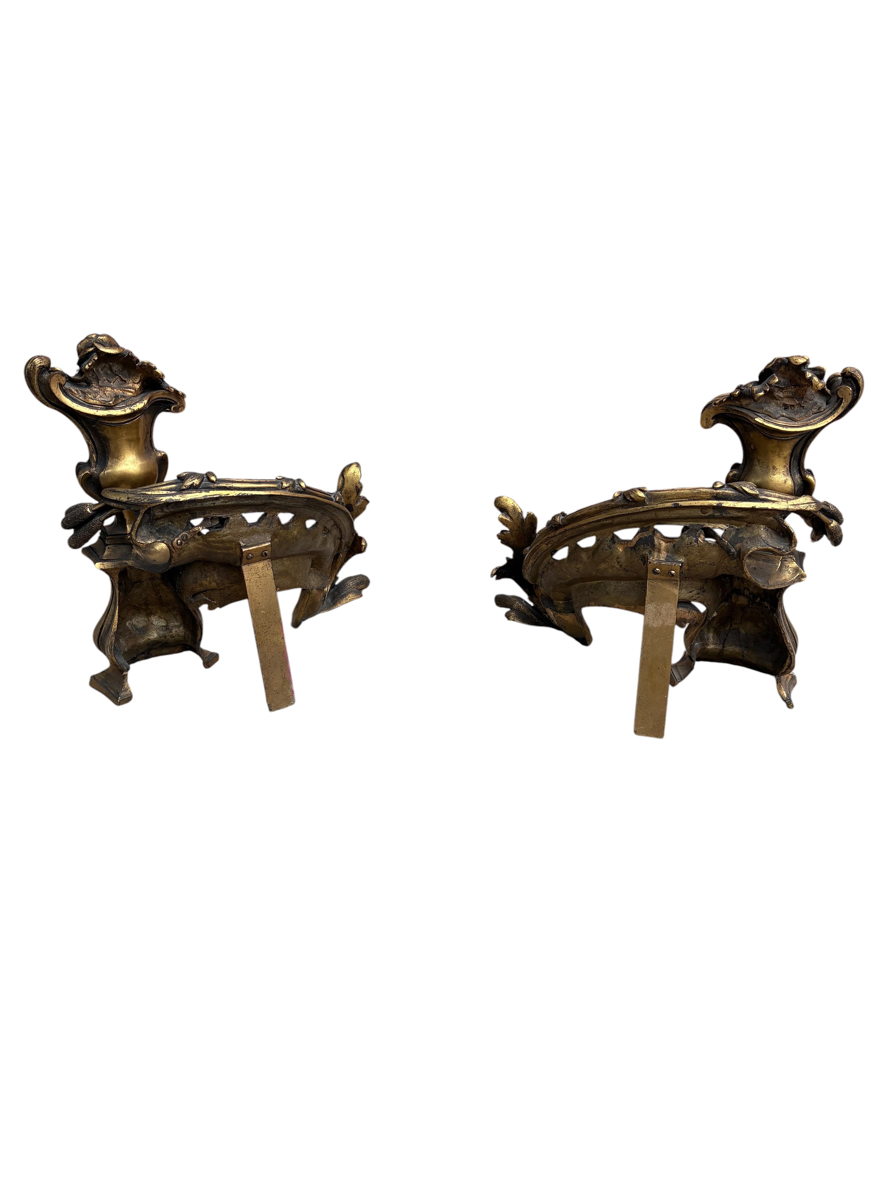 Antique French Rococo Revival Bronze Chenets Andirons – Pair