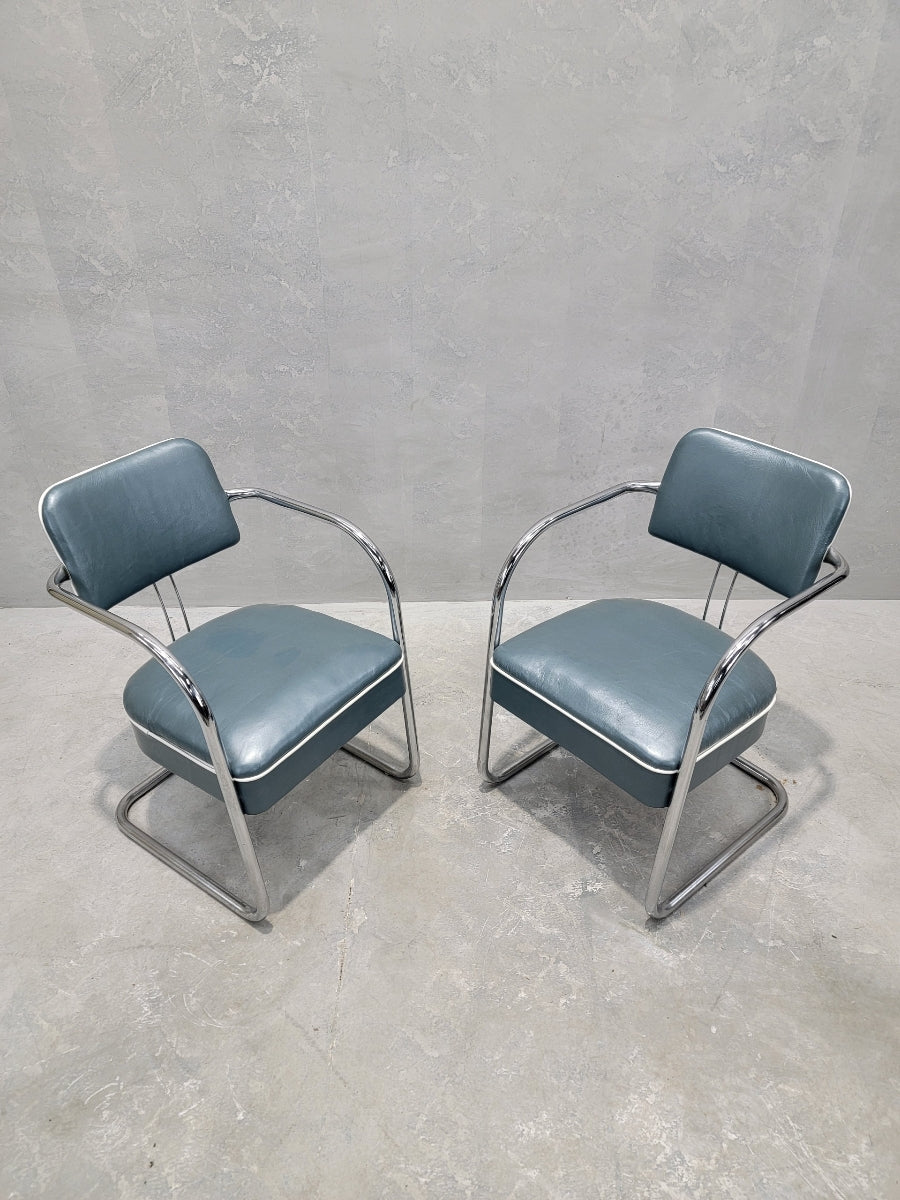 Art Deco Cantilever Chairs Attributed to Kem Weber for Lloyd’s Manufacturing Newly Upholstered in Holly Hunt Teal Metallic Full Grain Leather with White Trim - Pair