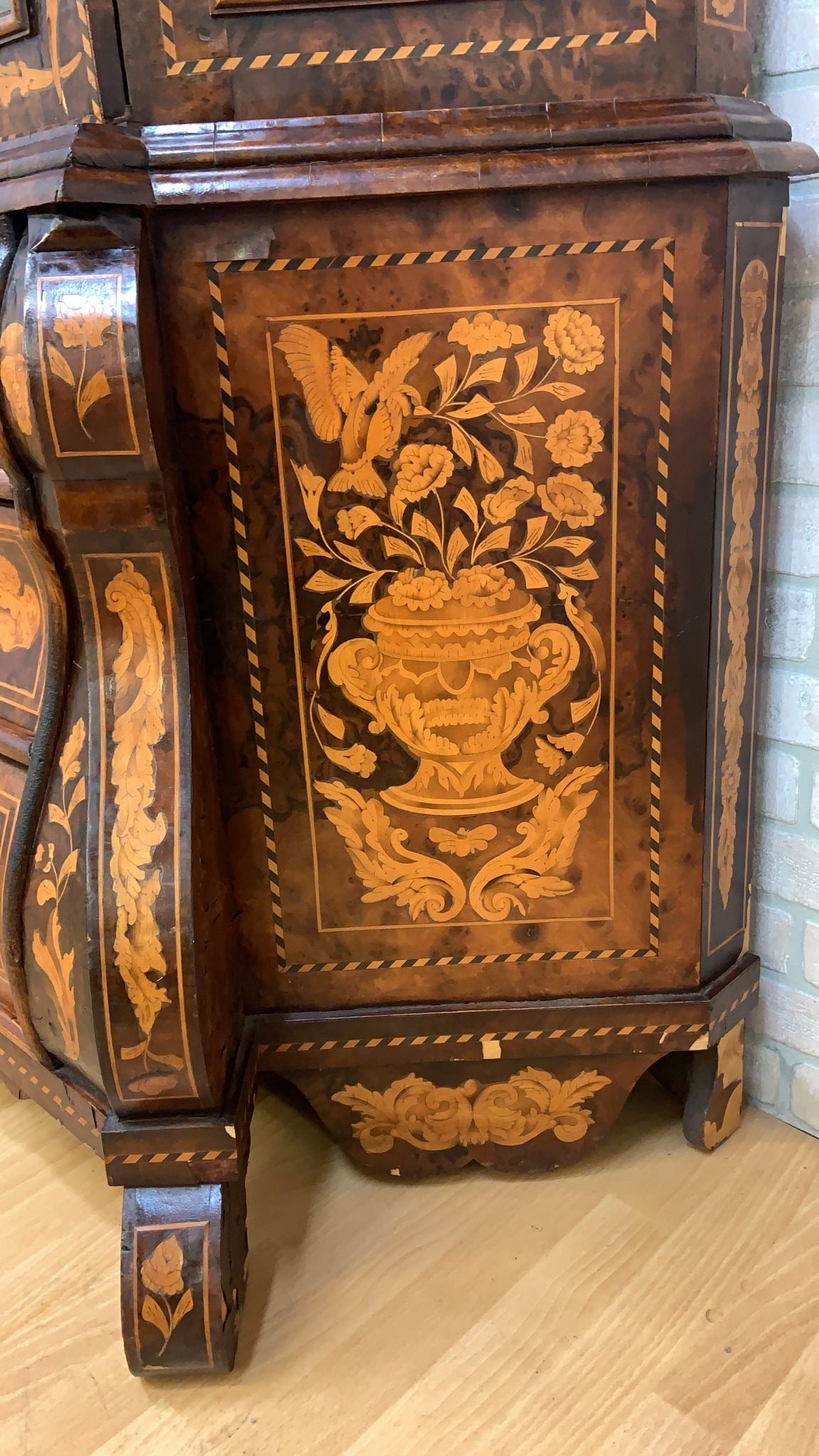 Antique Dutch Marquetry Vitrine Cabinet/Display Hutch