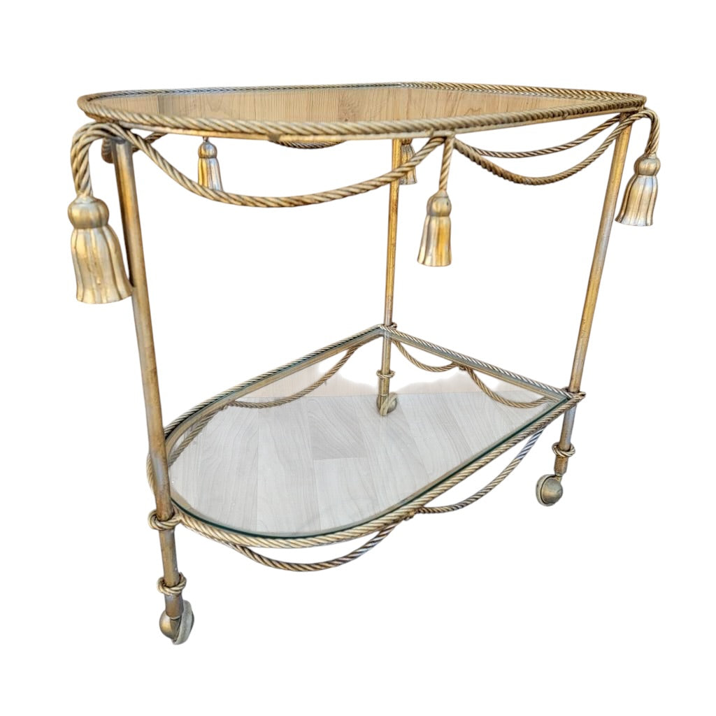 Hollywood Regency Italian Gilt Rope and Tassel Drinks Trolley Bar Cart