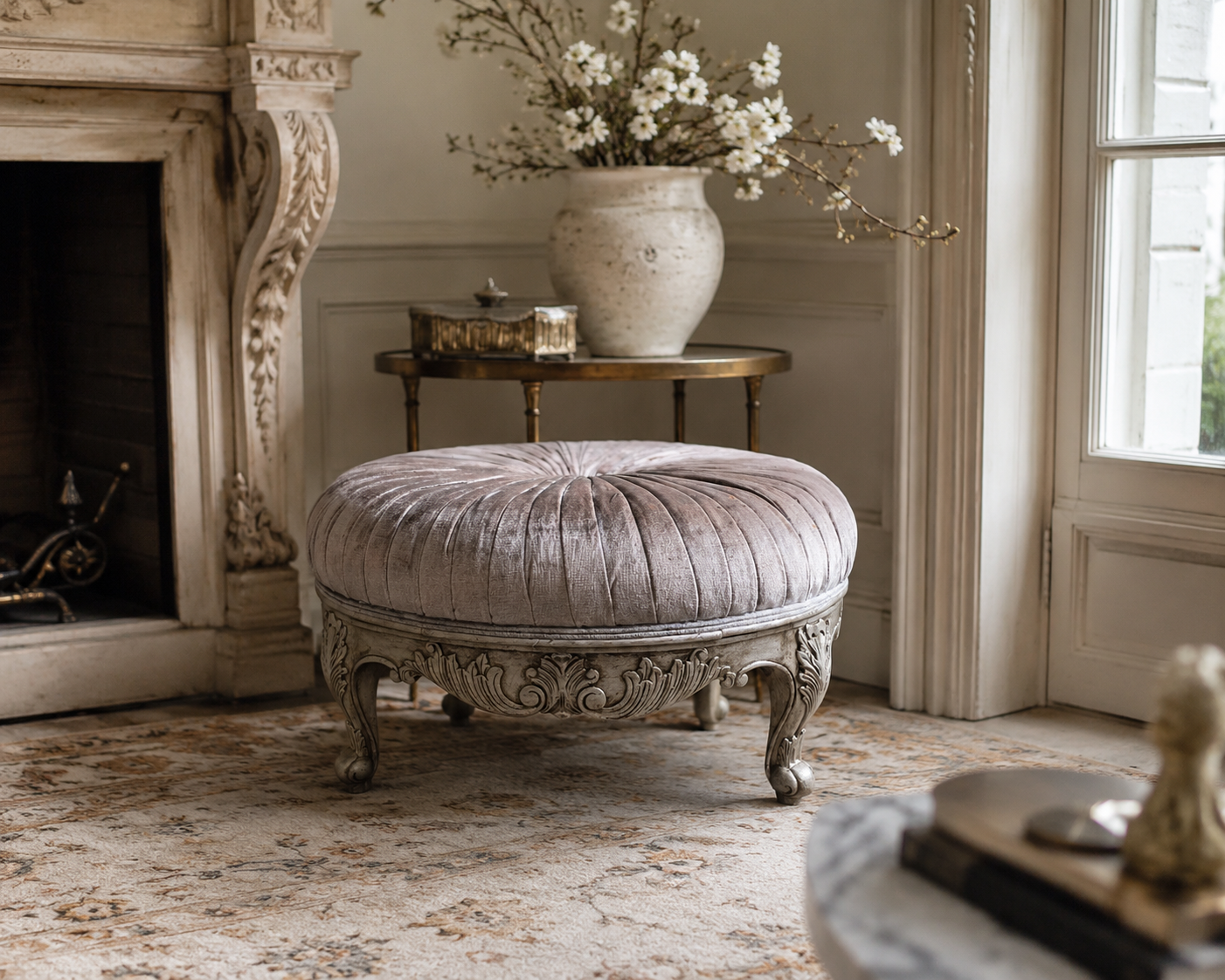 Hollywood Regency Carved Round Ottoman with Pleated Velvet
