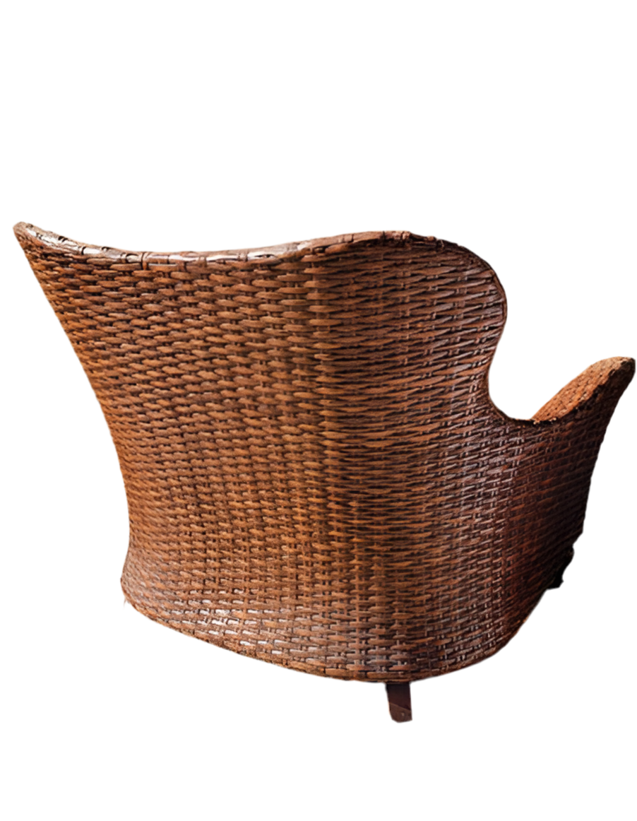 Vintage Arched Camel Back Flare Arm Wicker Lounge Settee Newly Upholstered Pillow in Boucle