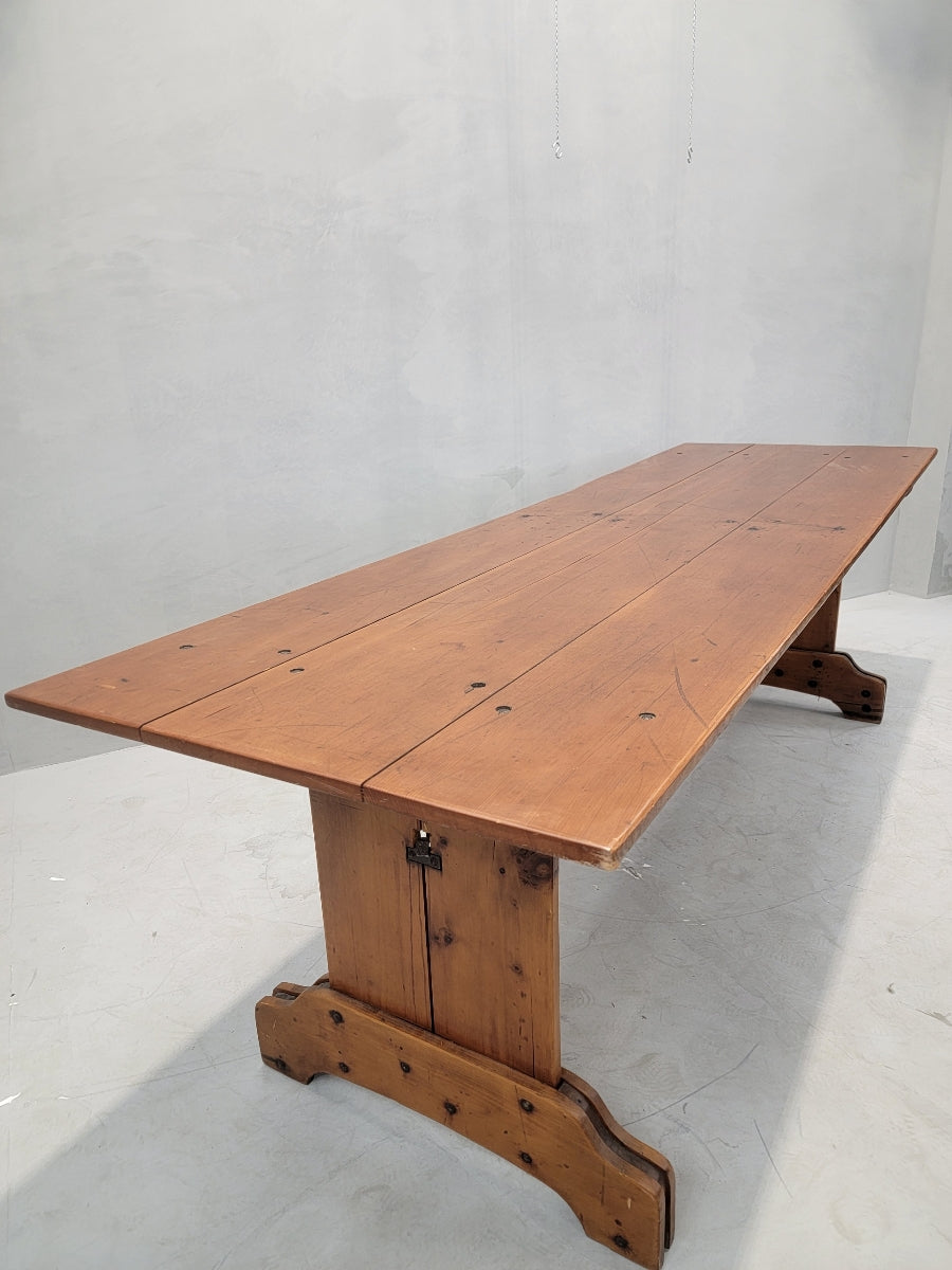 Antique French Pine Plank Trestle Farm Table