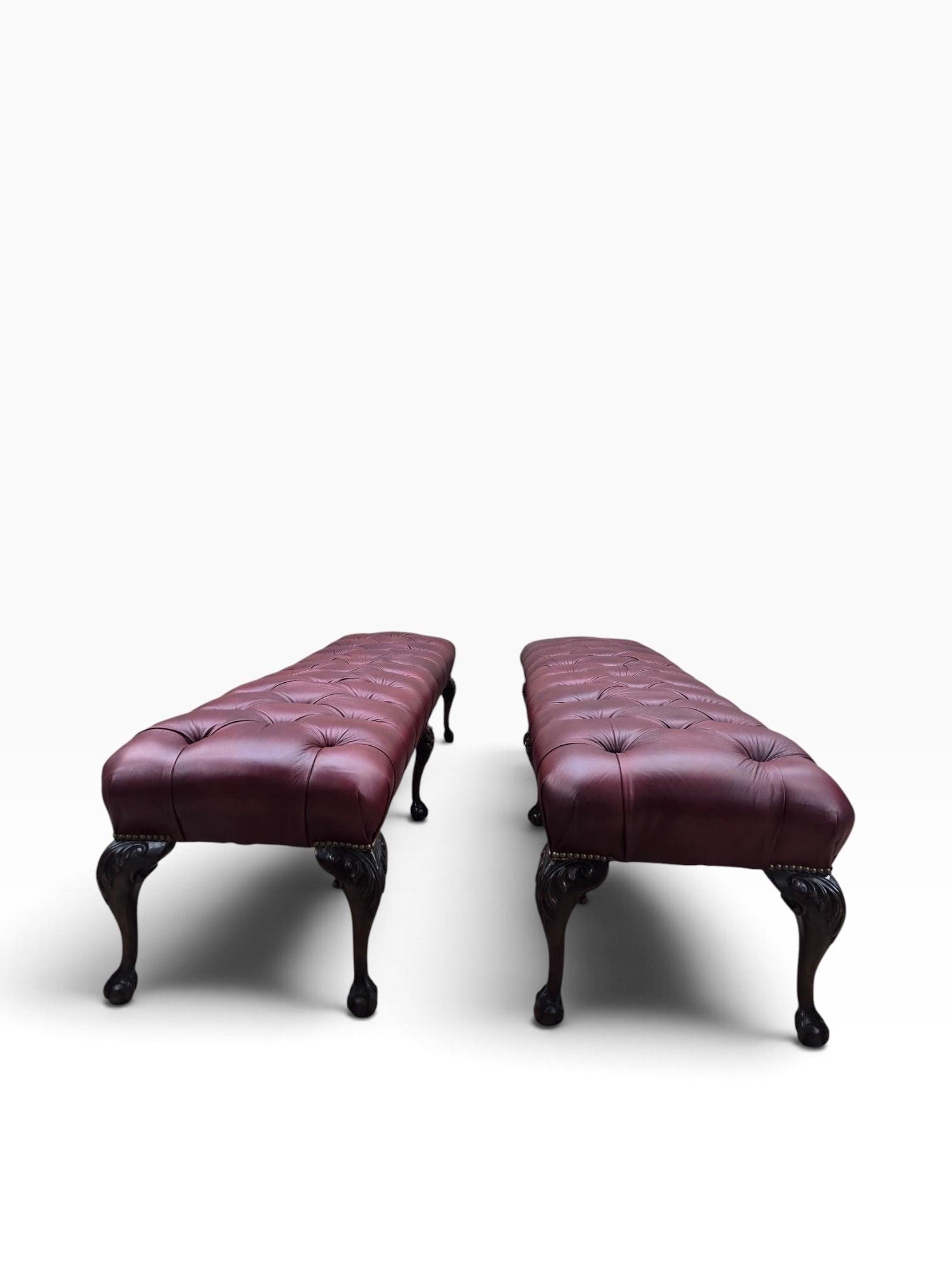 Chippendale Style Carved Mahogany Ball & Claw Six Leg Tufted Hall/Dining Bench Newly Reupholstered in Cabernet Leather - Pair