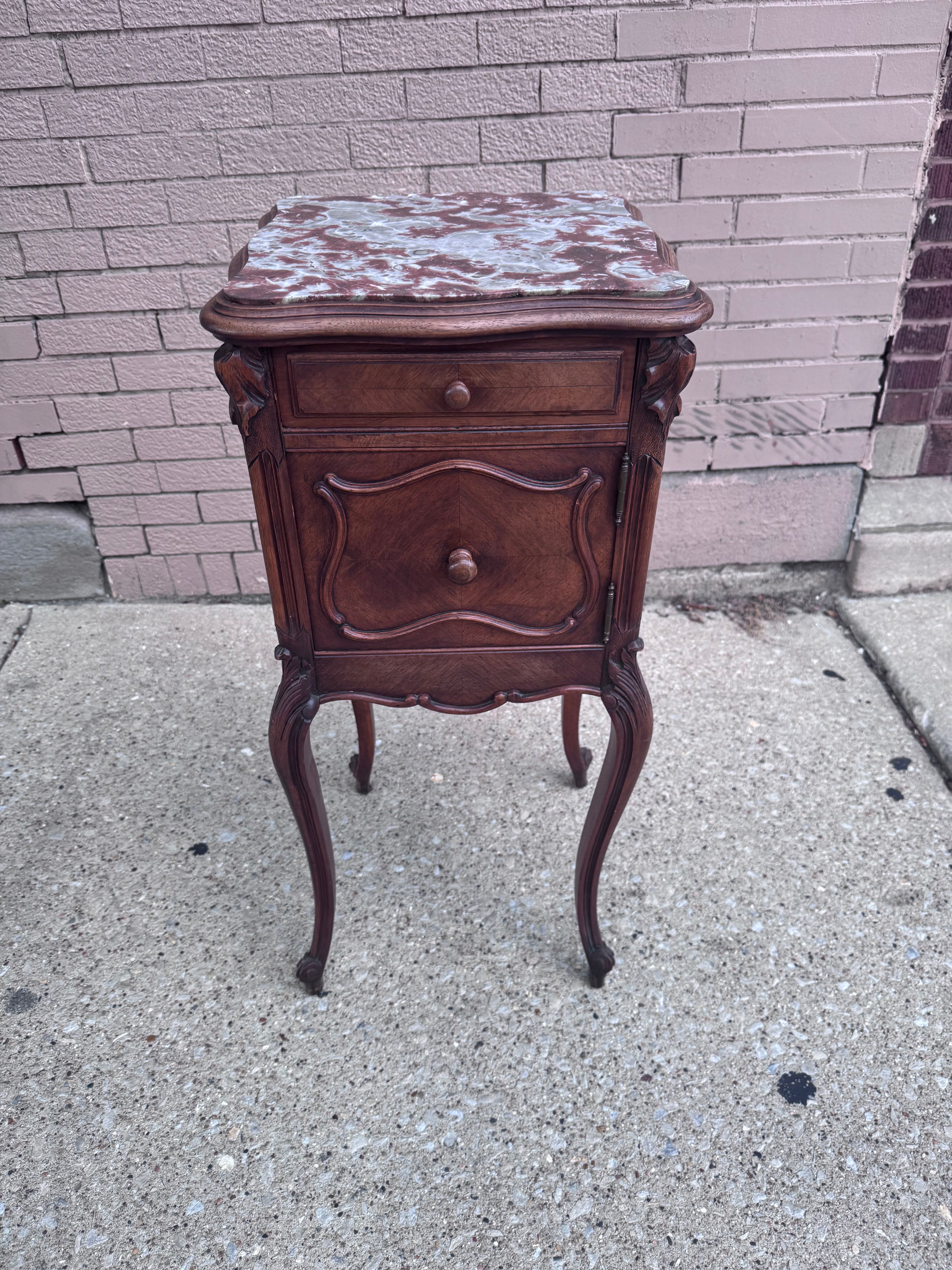 Antique French Louis XV Style Marble Top Smoking Accent Storage Table