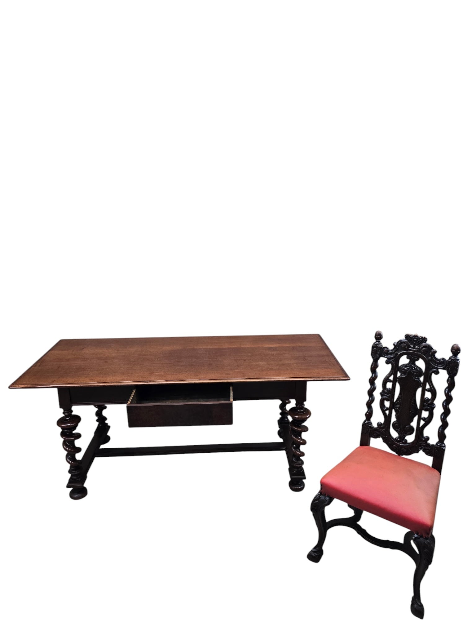 Antique Jacobean Revival Style Barley Twist Desk with High Back Chair