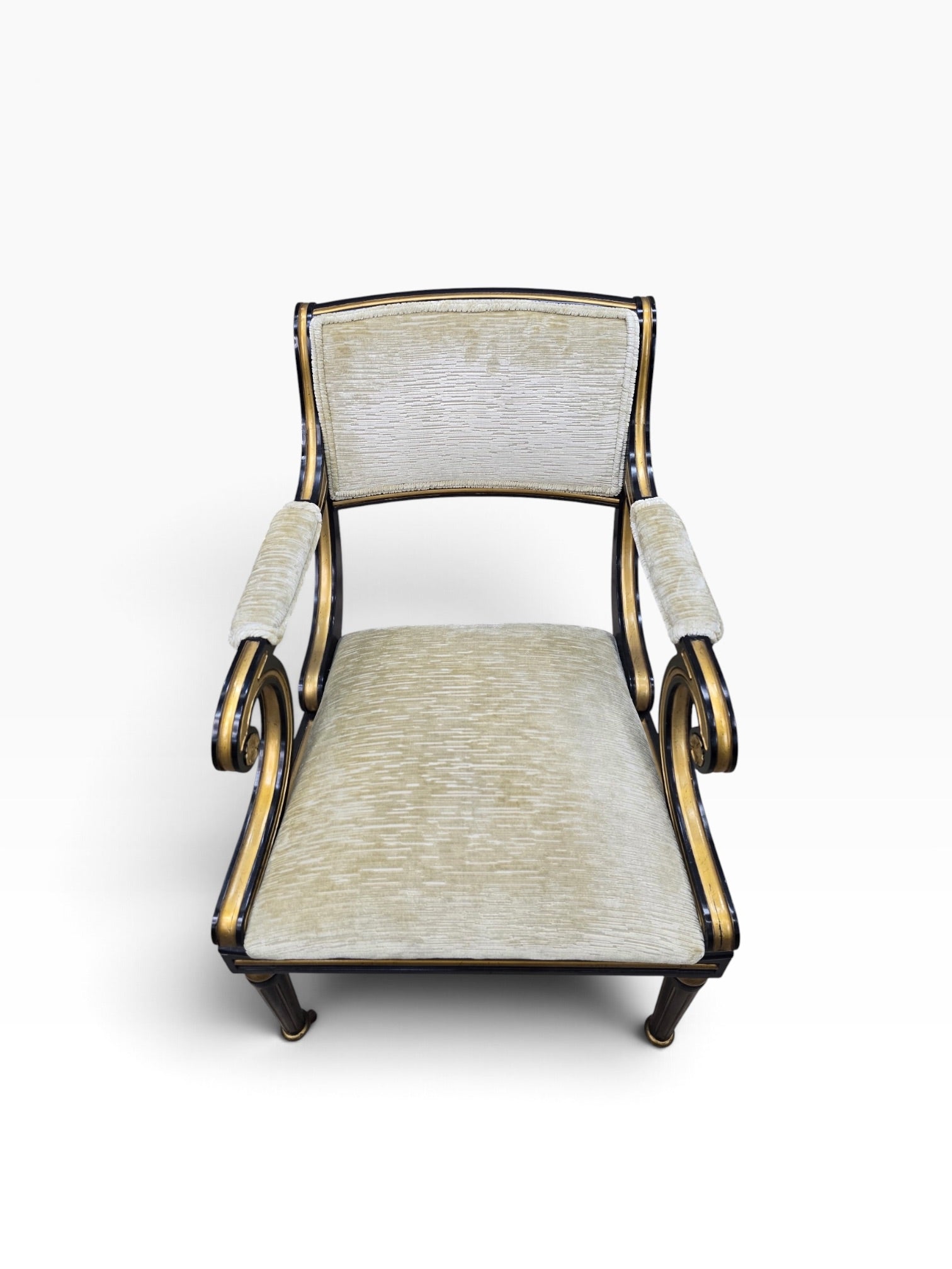 Regency Style Ebonized Armchairs by Baker Newly Reupholstered in a Gold Chenille Fabric - Pair