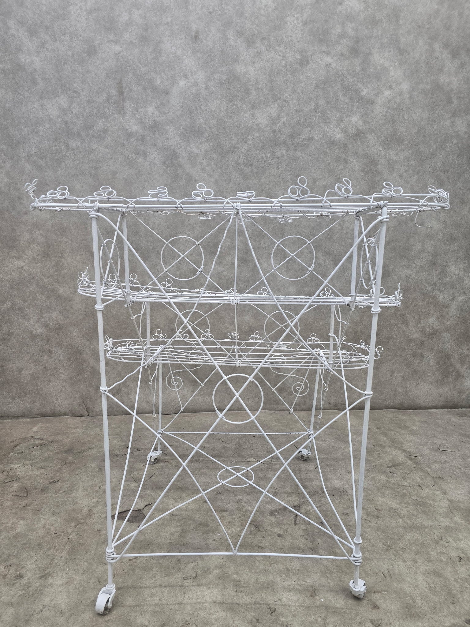 Vintage White Wire 3-Tier Rolling Plant Stand on Casters