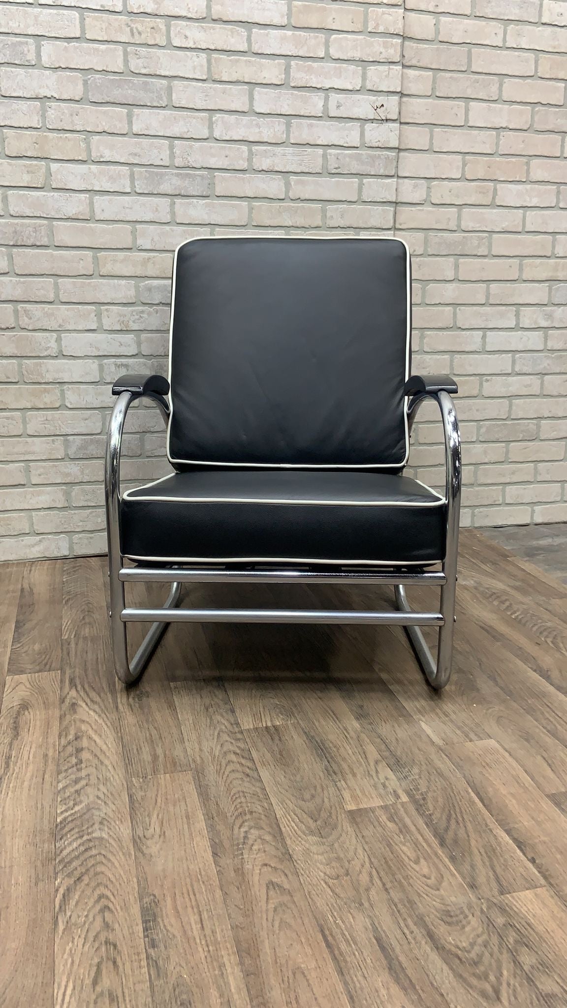 Art Deco Chrome Tubular Sofa & Lounge Chair Set in Black Leather by Kem Weber