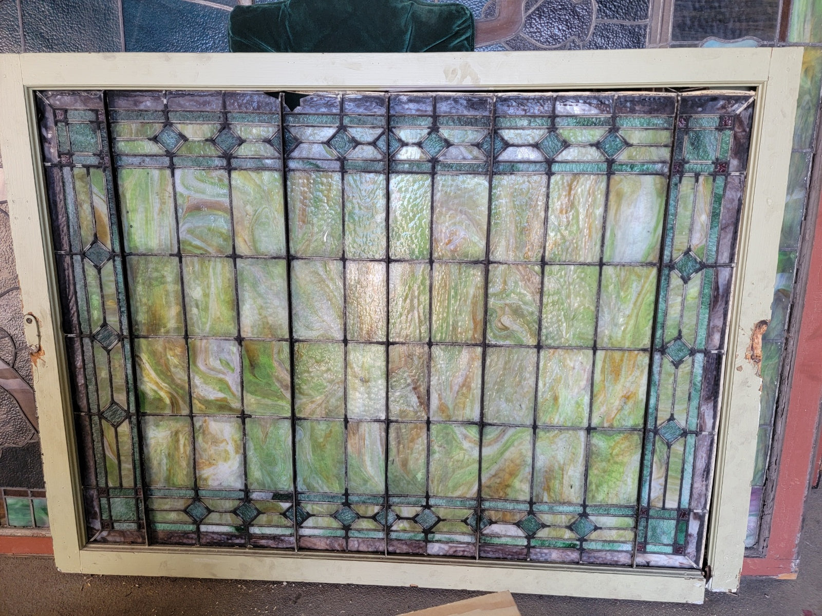 Antique Tiffany Style Salvaged Green Upper Transom Stained Glass Windows - Pair