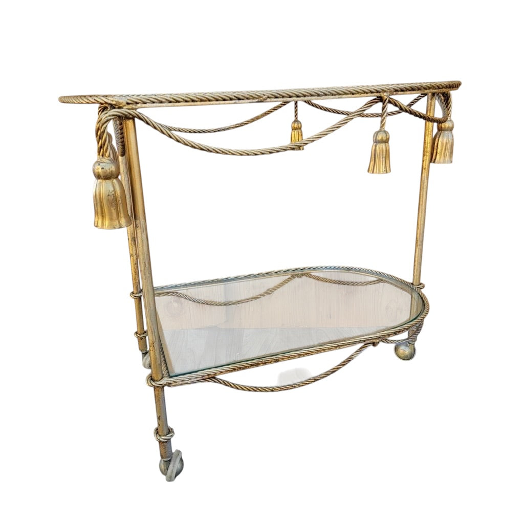 Hollywood Regency Italian Gilt Rope and Tassel Drinks Trolley Bar Cart