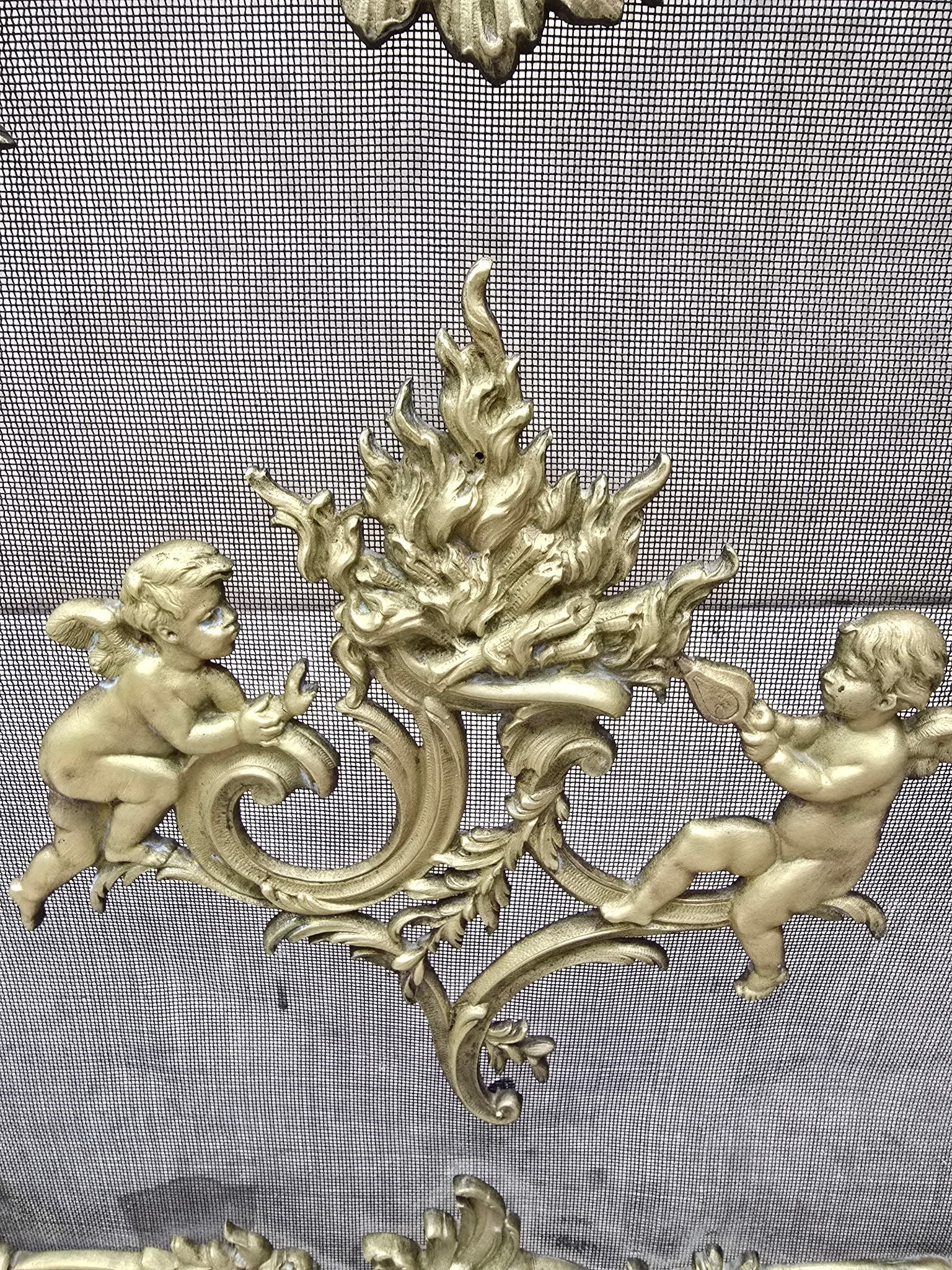 Antique Louis Style French Brass Cherub and Floral Free Standing Fire Screen