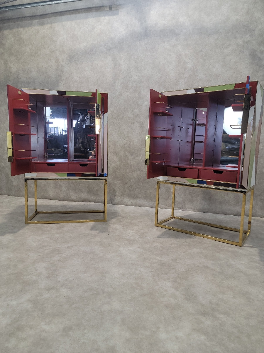 ON HOLD - Torino Reverse-Painted Glass and Brass 2 Door Dry Bar Cabinet by Jonathan Adler - Pair