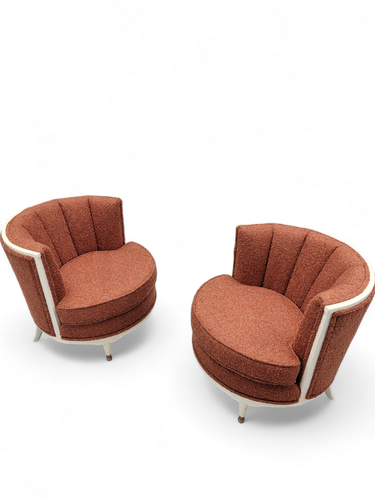 Art Deco Channel Barrel Back Club Chairs Newly Restored & Fully Upholstered in a Burnt Orange Boucle - Set of 3