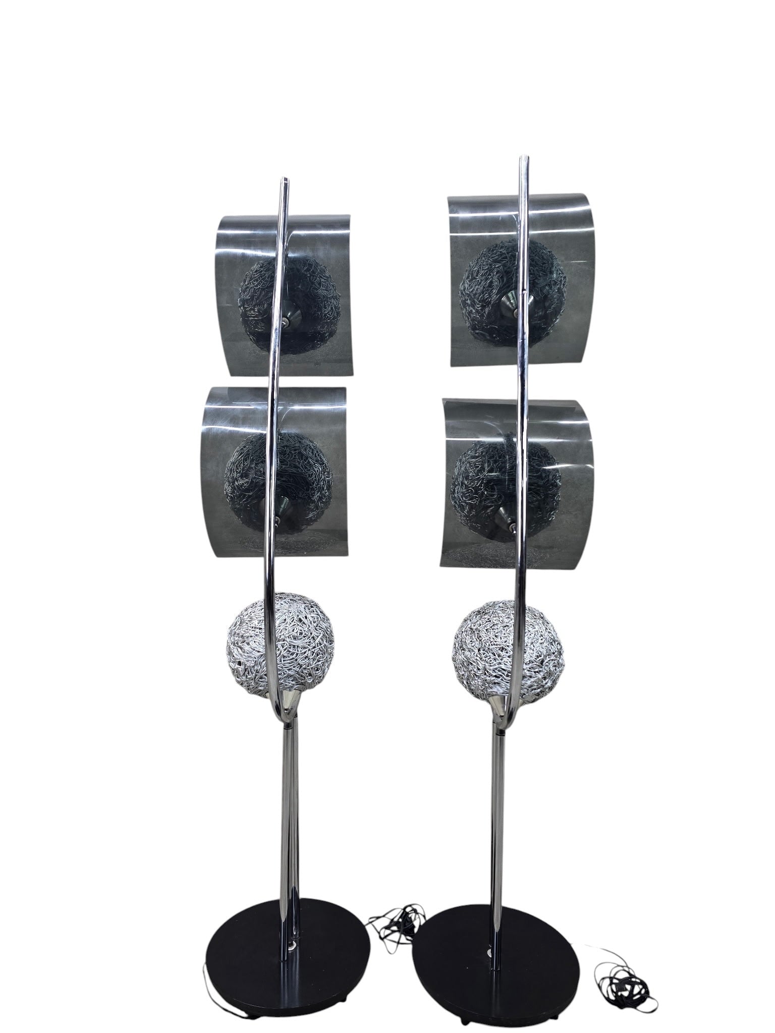 MCM Chrome Triple Light Lamps with Metal Spaghetti Shades – Pair