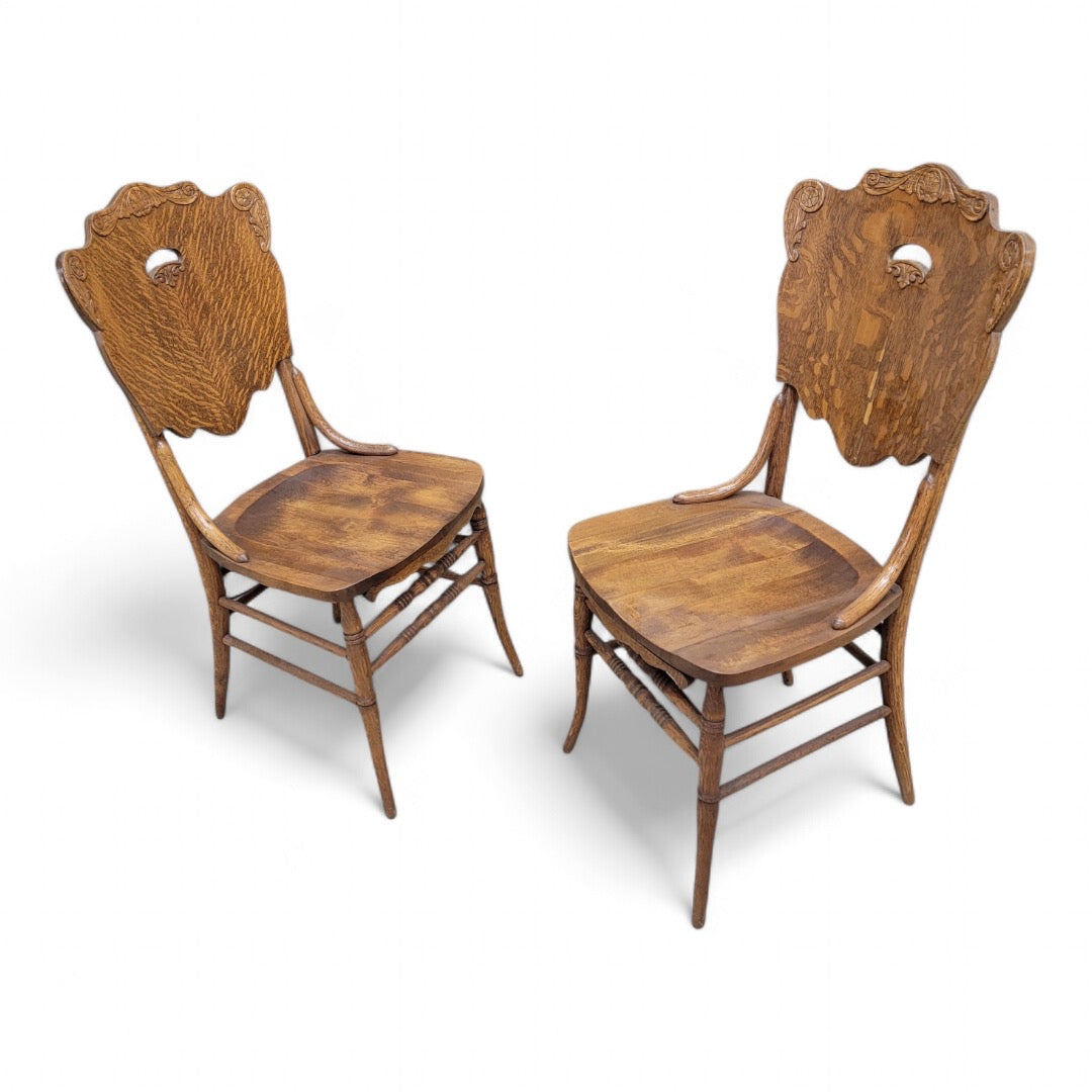 Antique Bent Quarter-Sawn Oak Cut Out Back Chairs - Set of 4