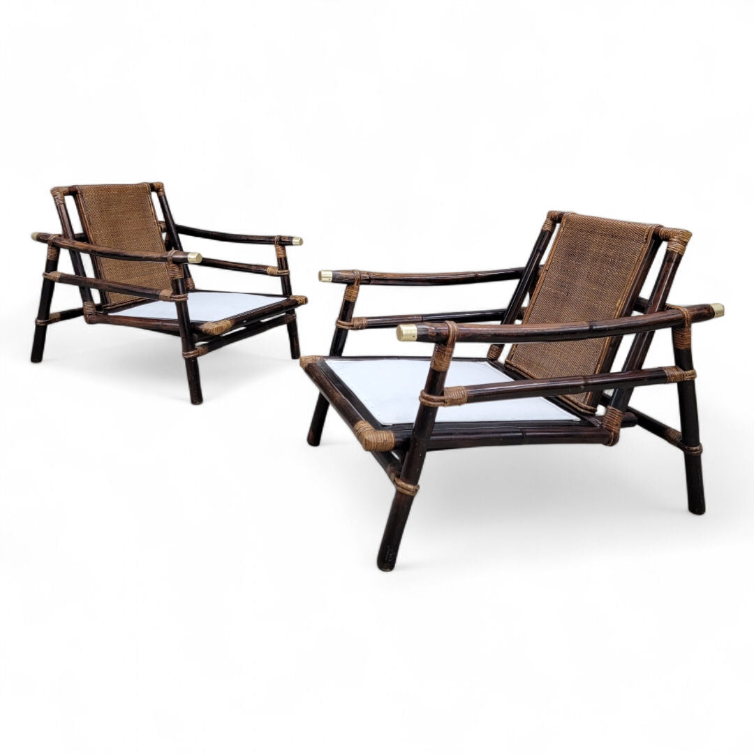 Vintage Pagoda Bamboo Rattan Lounge Chairs by Ficks Reed - Set of 2