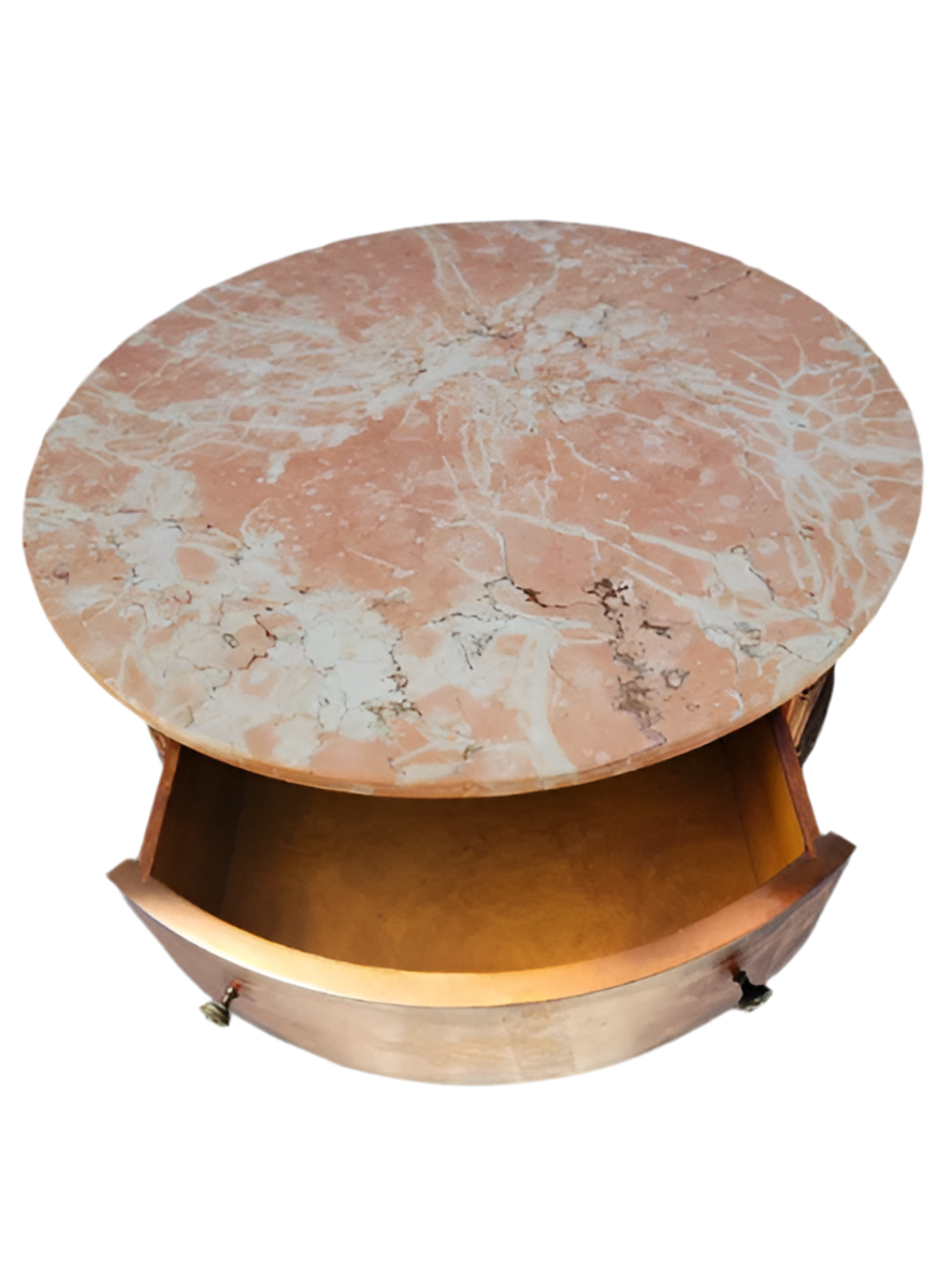 Antique Victorian Round Carved Inlaid Side Table with Pink Marble Top and Two Drawers