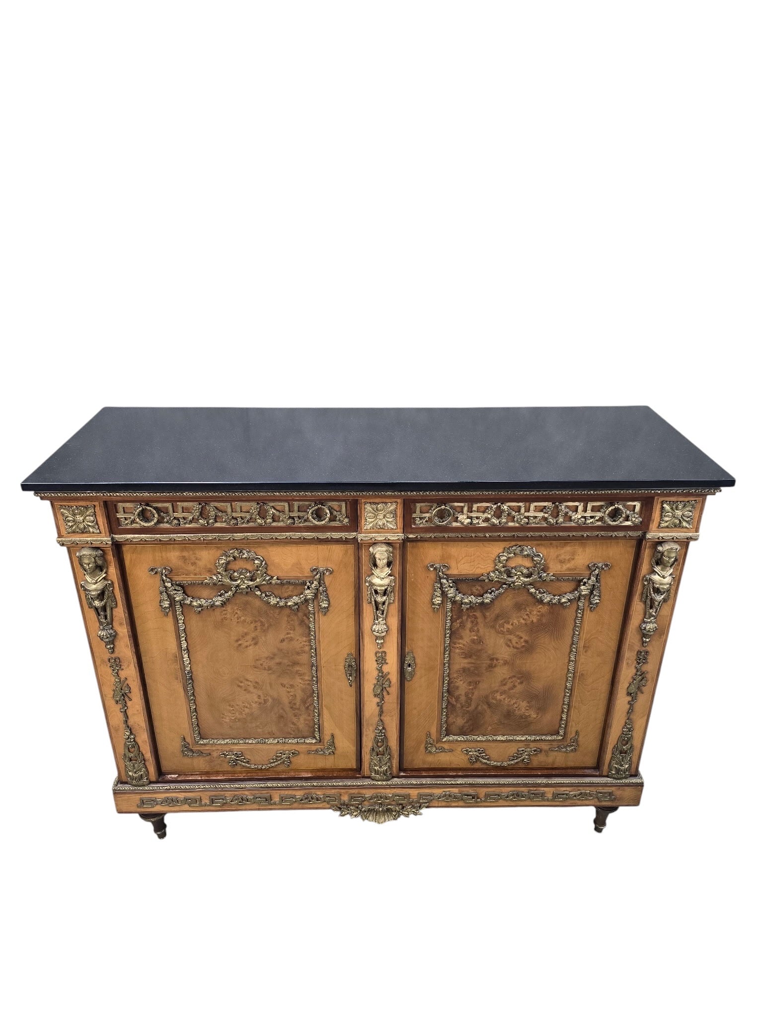 Antique French Louis XVI Style Bronze Mounted Marble Top Cabinet / Server