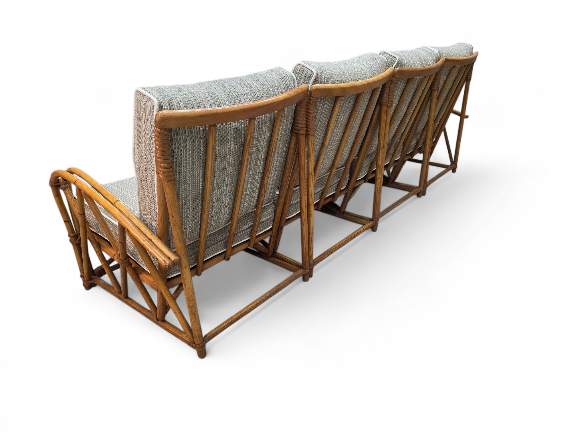 New - Mid Century Modern Coastal Bamboo 4 Piece Modular Sectional Sofa Newly Reupholstered with Two Tier Bamboo Side Tables by Heywood Wakefield