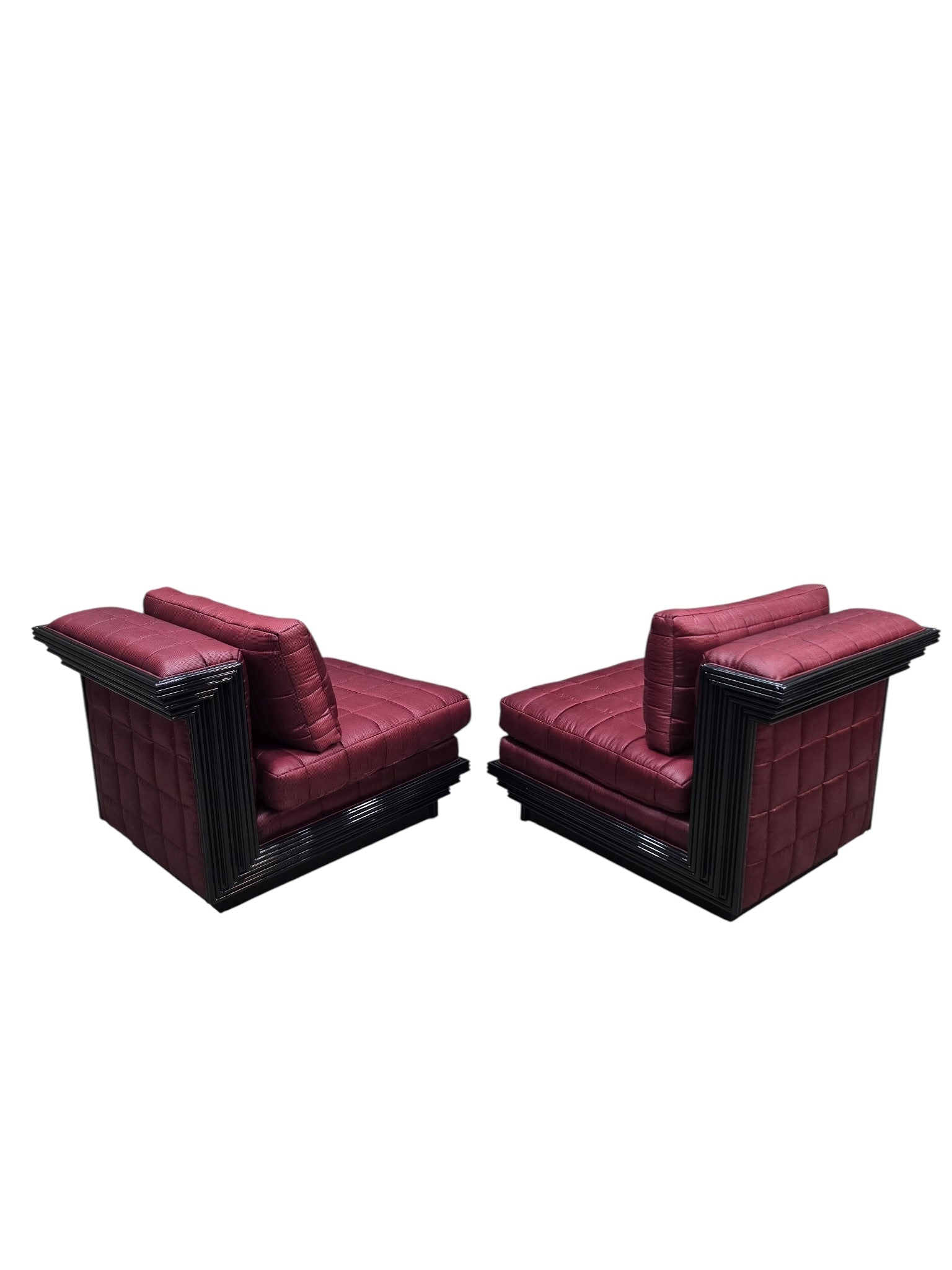 Postmodern Lounge Chairs with Stepped Black Lacquer Bases by Interior Crafts