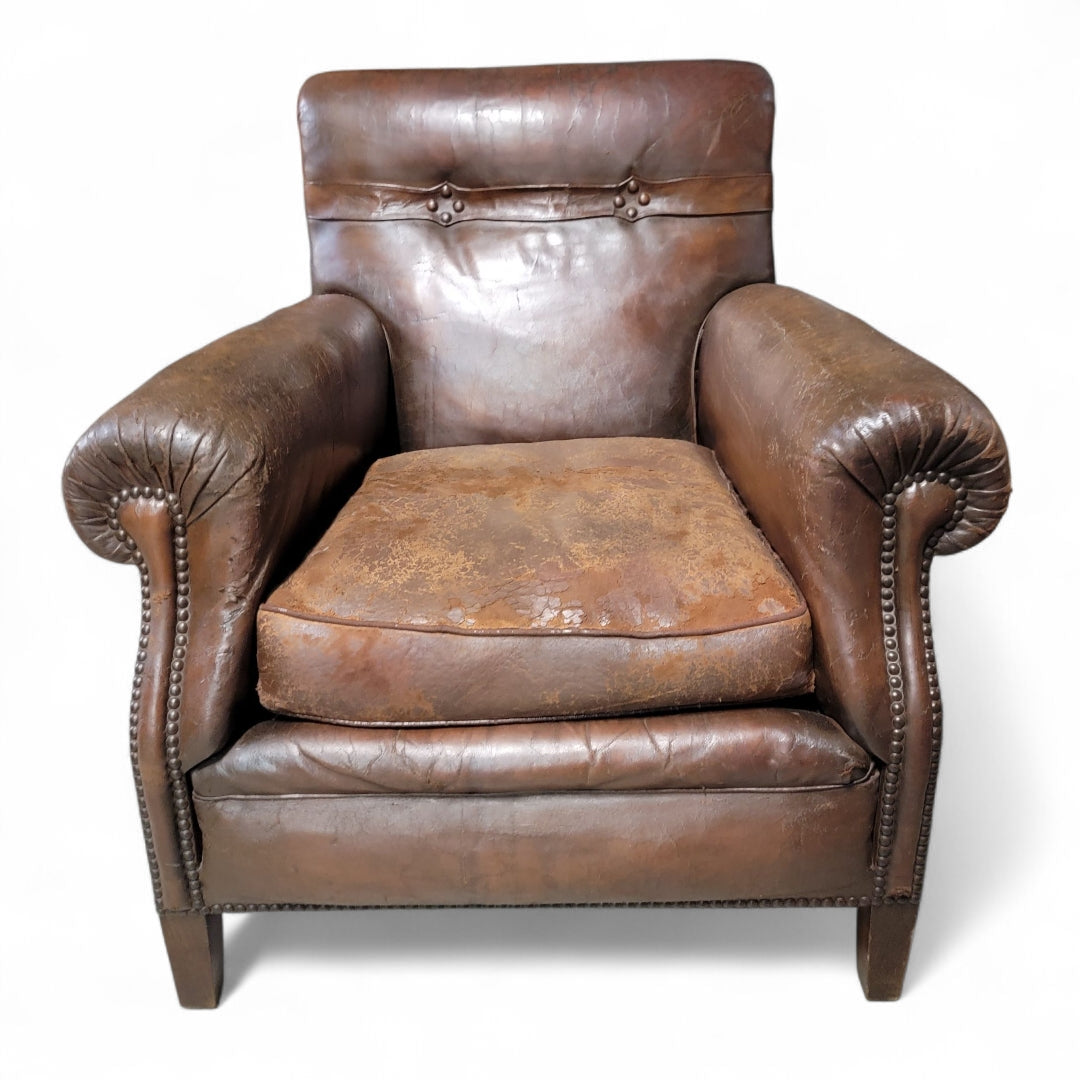 French Art Deco Distressed Leather Club Chair