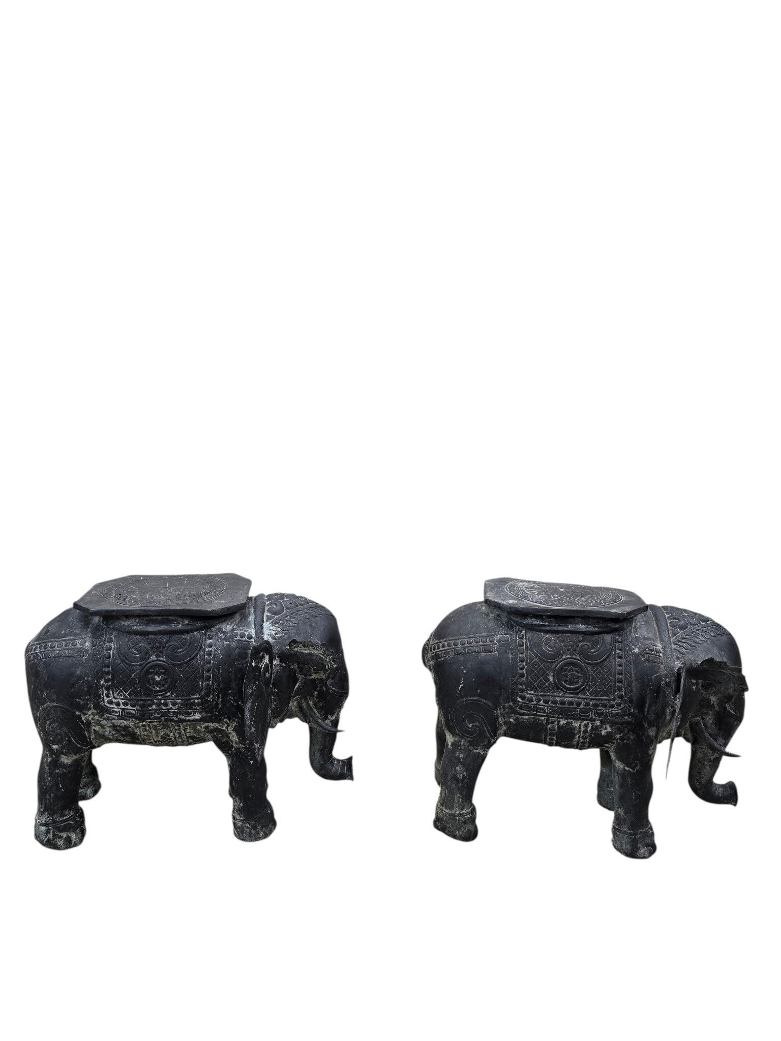 Antique Balinese Hammered Bronze Saddled Elephant Side Table
