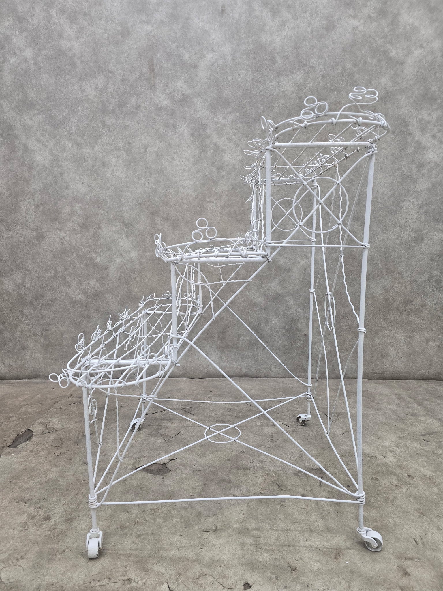 Vintage White Wire 3-Tier Rolling Plant Stand on Casters