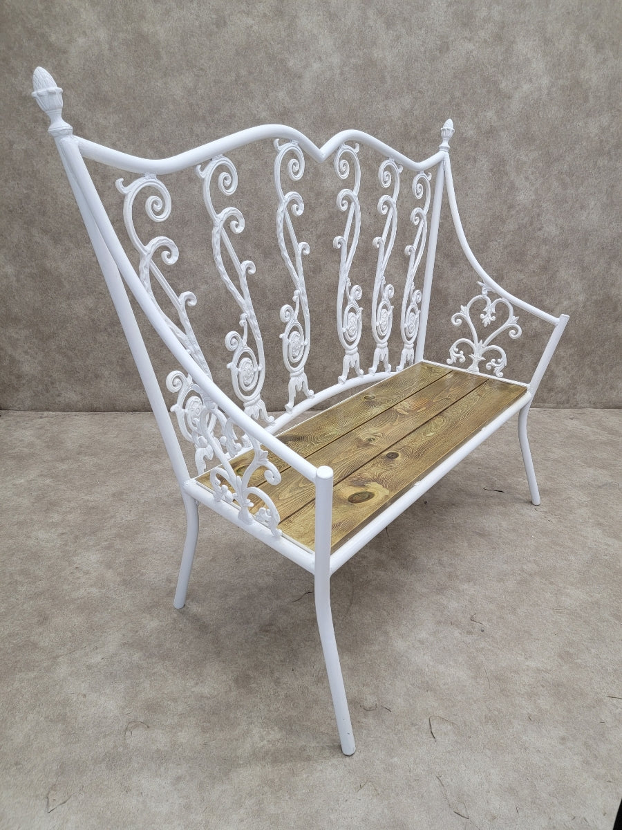 Antique Victorian Colonial Style Hand-Forged White Wrought Iron Restored Cedar Seat Indoor/Outdoor Garden Bench