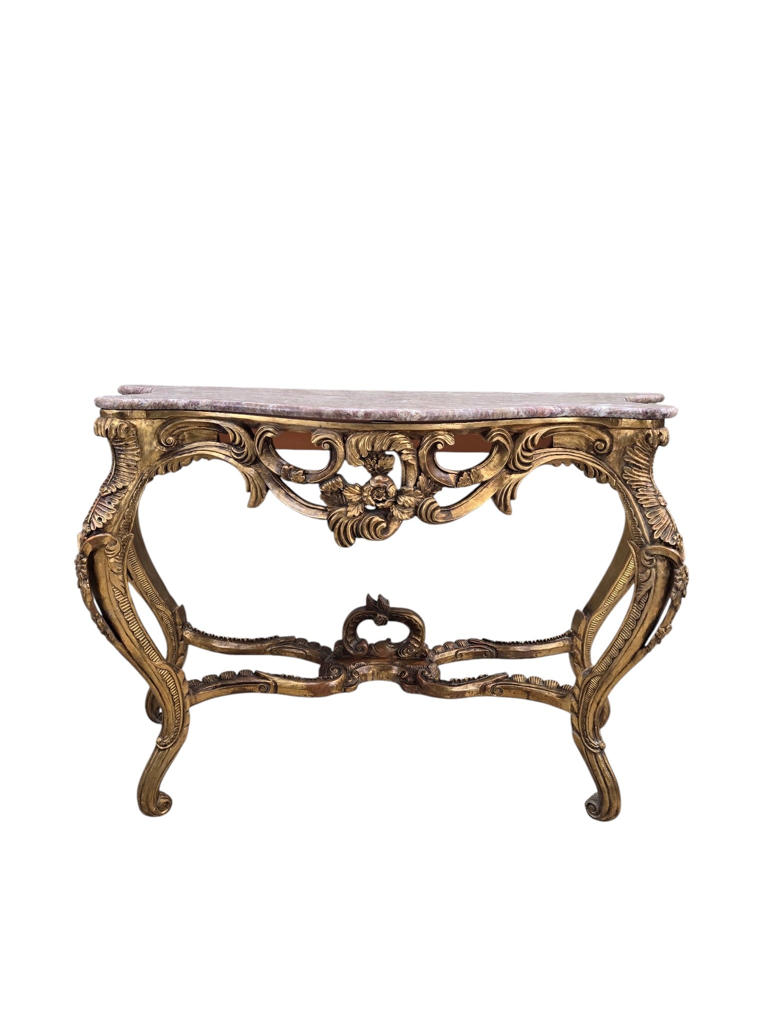 Antique Louis XV Style Carved Console Table with Pink Marble Top