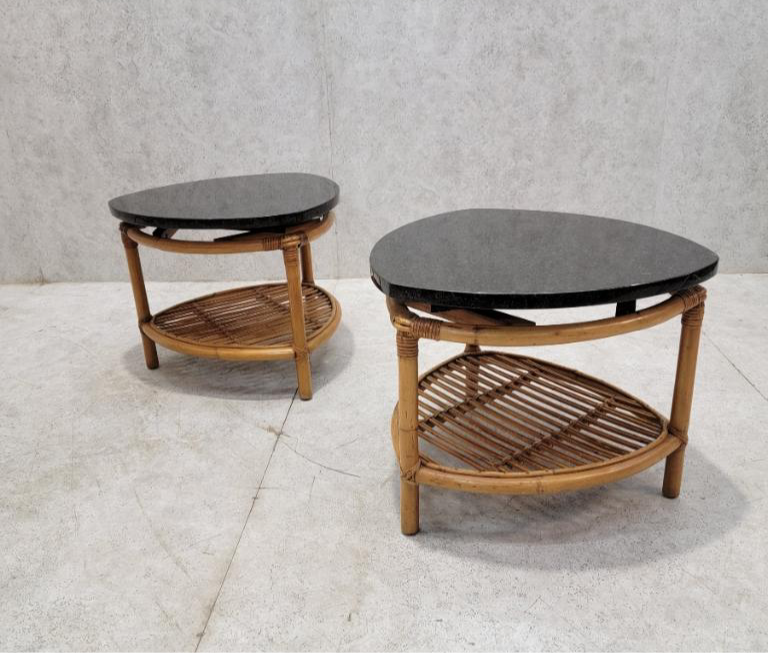 Vintage Paul Frankl Style Coastal Rattan Side Tables - Pair