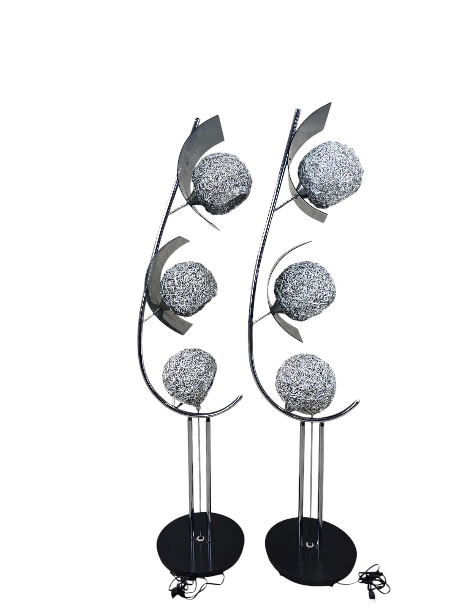 MCM Chrome Triple Light Lamps with Metal Spaghetti Shades – Pair