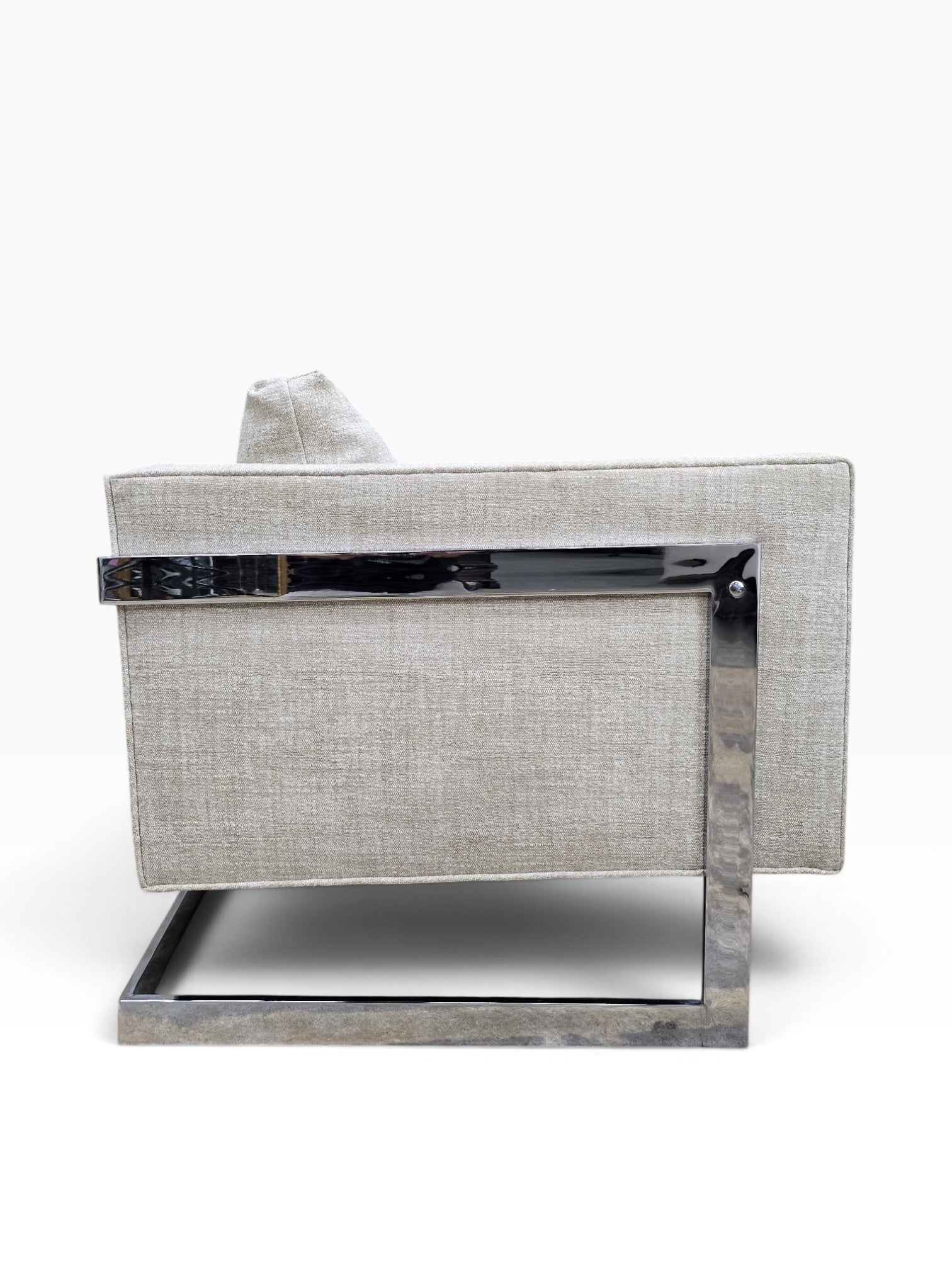 Mid Century Modern Milo Baughman Chrome Flat Bar Cantilever Club Chairs Newly Reupholstered in Natural Linen – Pair