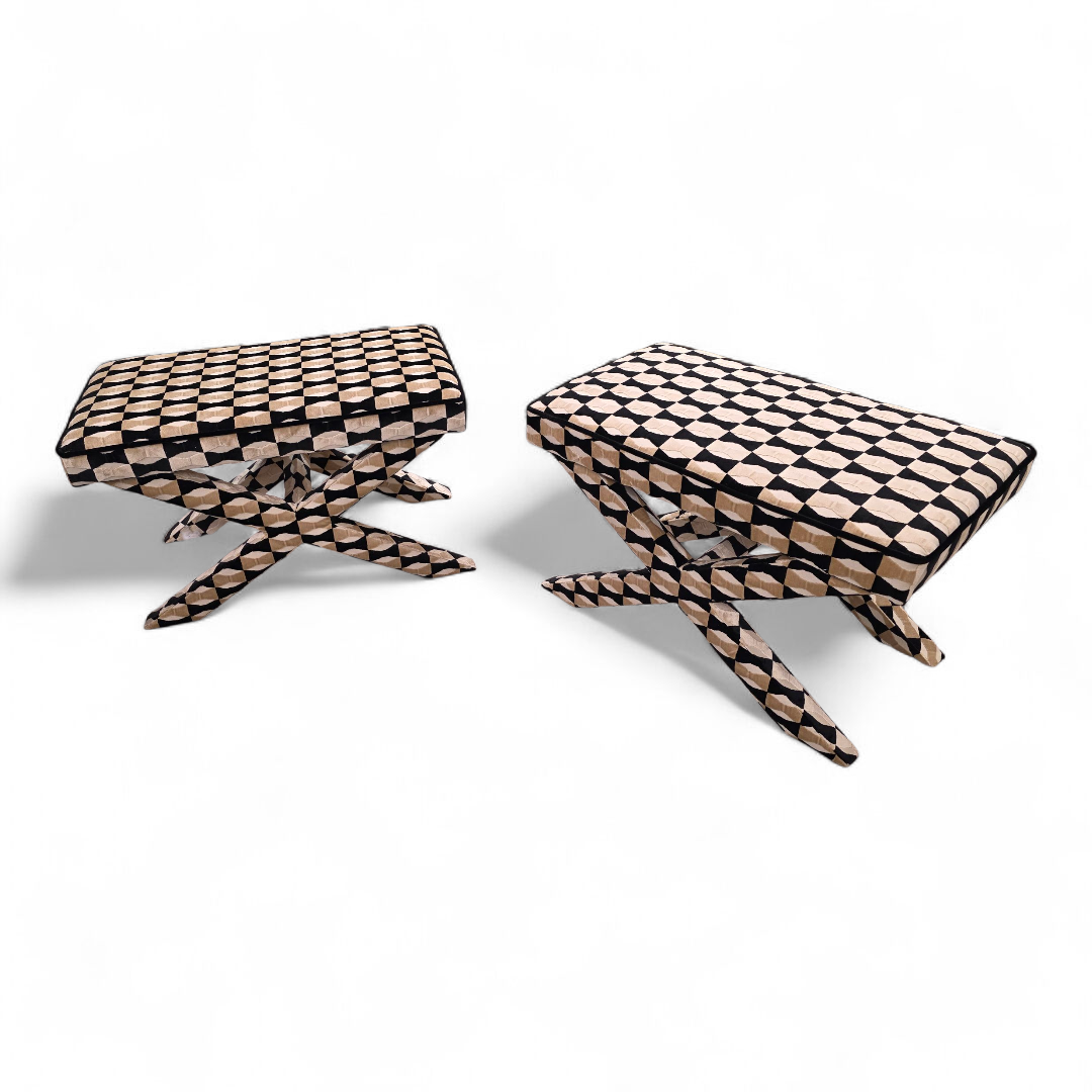 Mid Century Modern Designer X Base Ottoman/Stools Newly Reupholstered- Pair