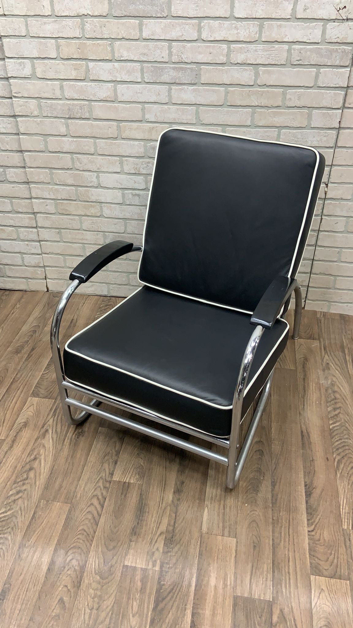 Art Deco Chrome Tubular Sofa & Lounge Chair Set in Black Leather by Kem Weber