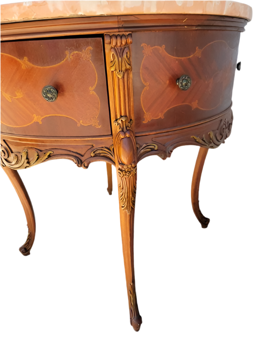 Antique Victorian Round Carved Inlaid Side Table with Pink Marble Top and Two Drawers