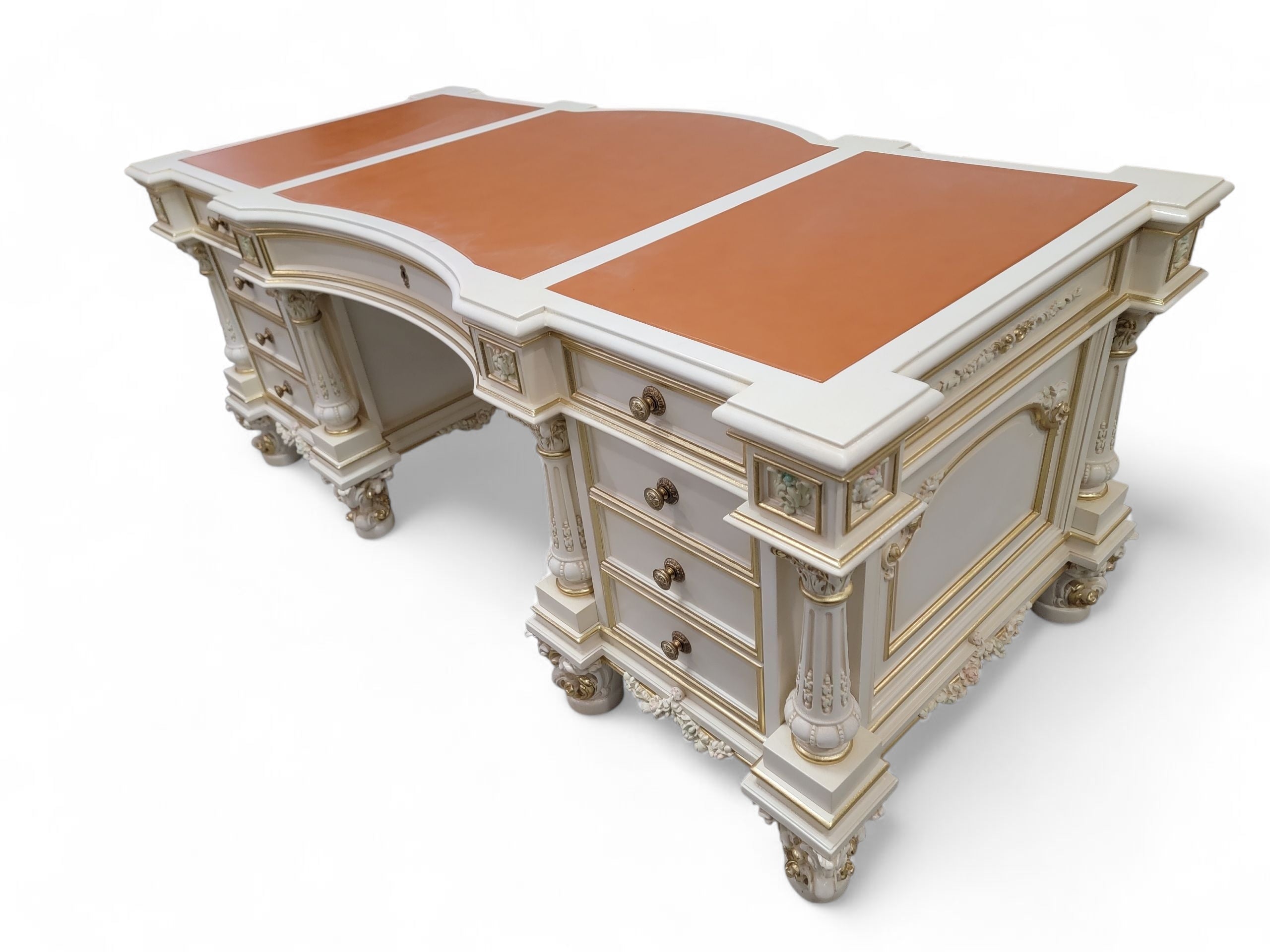 Vintage Custom Venetian Antique Rococo Style Antique White Carved Executive Desk