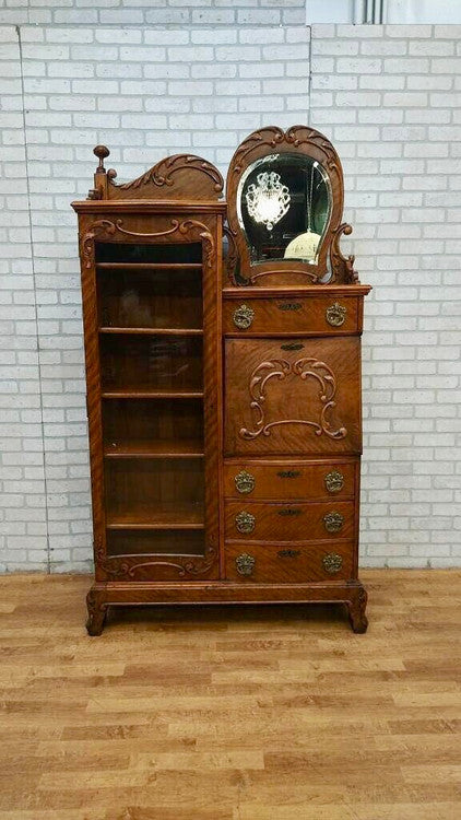 Antique Art Nouveau Victorian Quarter-Sawn Oak Mirrored Secretary/Dressing Cabinet