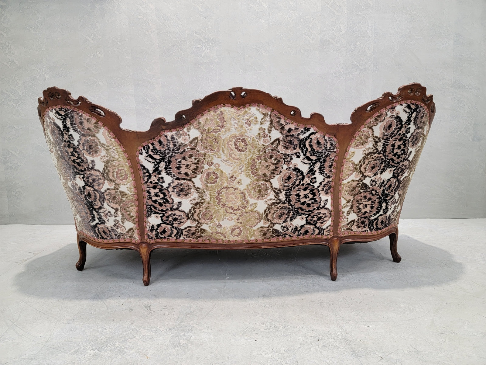 Antique Victorian French Walnut Carved Tufted Back Bergere Parlor Sofa Newly Upholstered in Velvet with Patterned Mohair Back