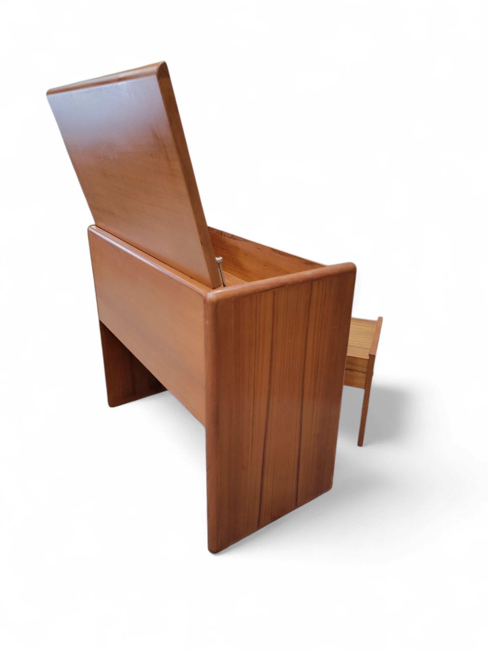 Mid Century Danish Teak Vanity/Desk with Flip-Top Mirror and Storage with Matching Stool