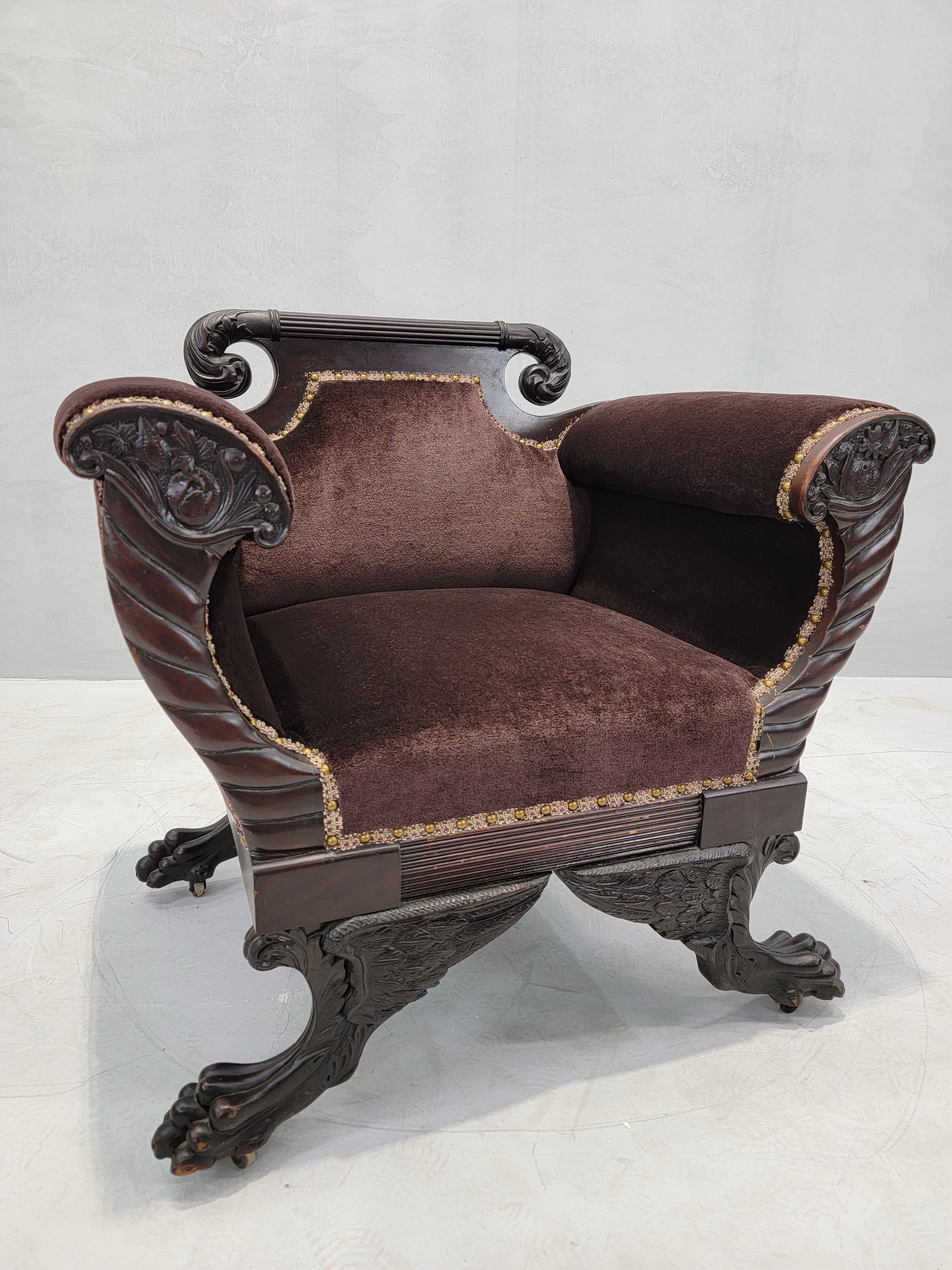 American Empire Mahogany Armchair Newly Reupholstered in Mohair