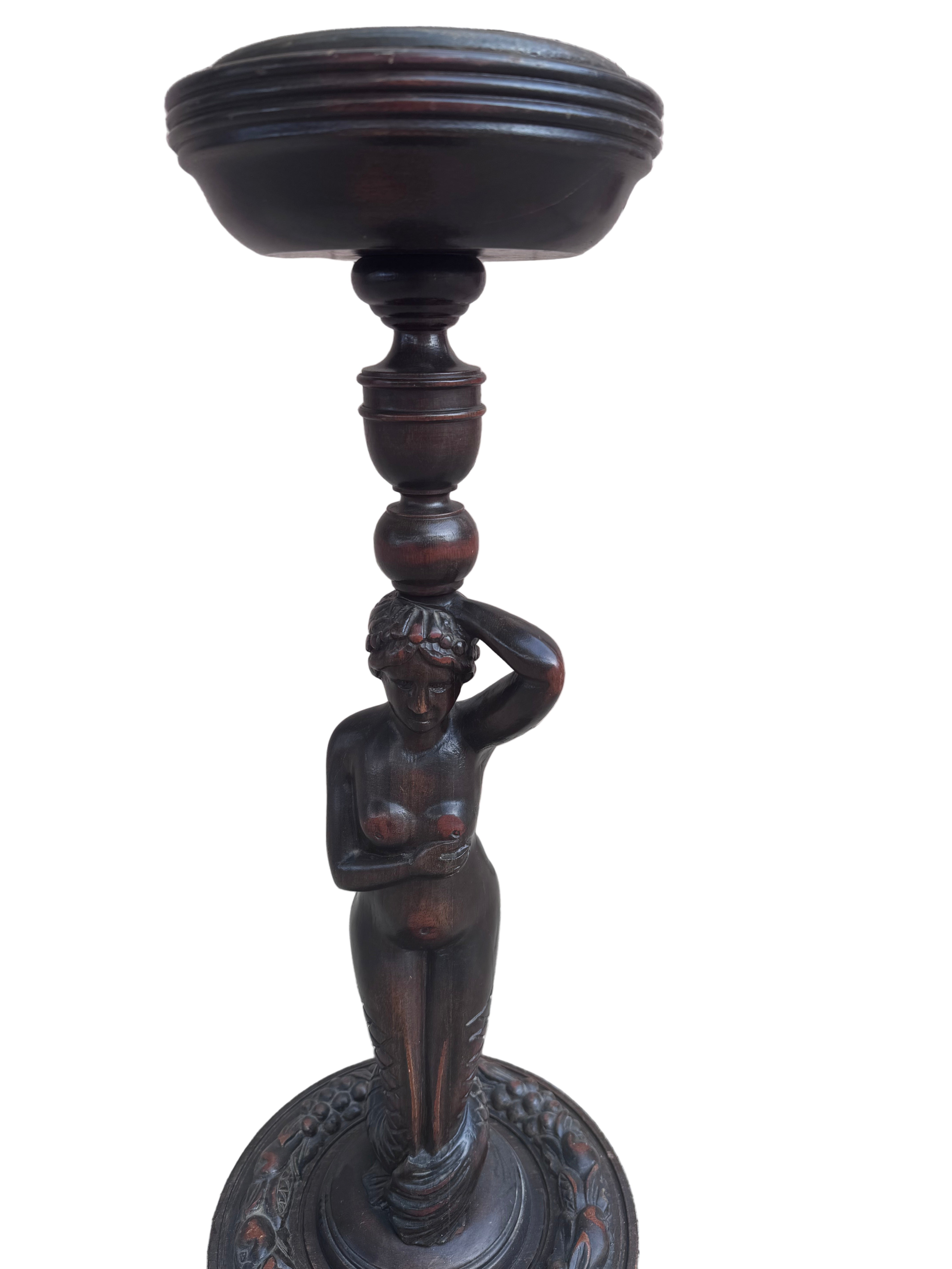 Antique Art Nouveau Style Carved Mahogany Mermaid Foor Ashtray Smoking Stand