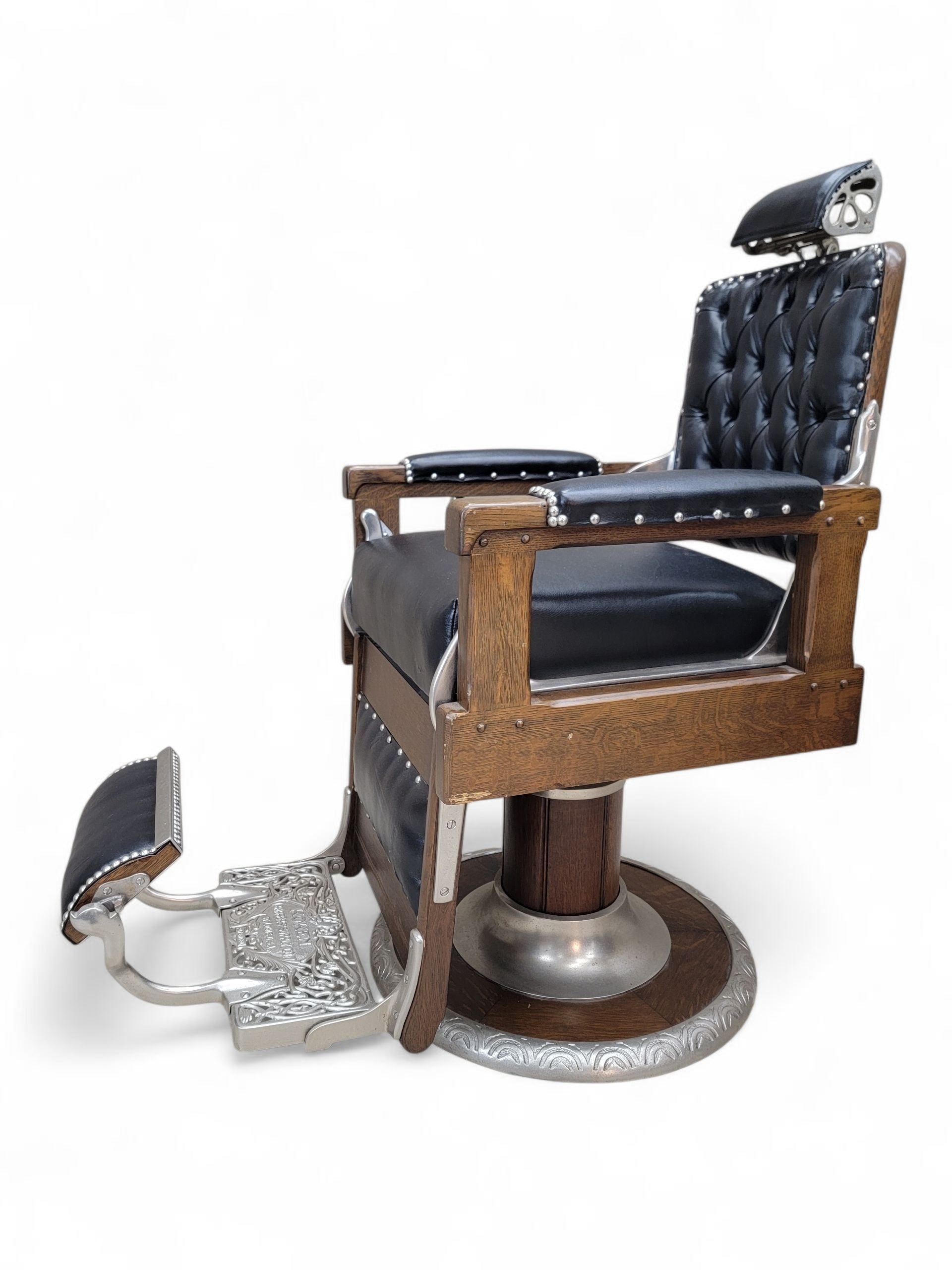 Antique Koken Restored Quartersawn Oak Barber Chairs in Black Leather – Set of 3