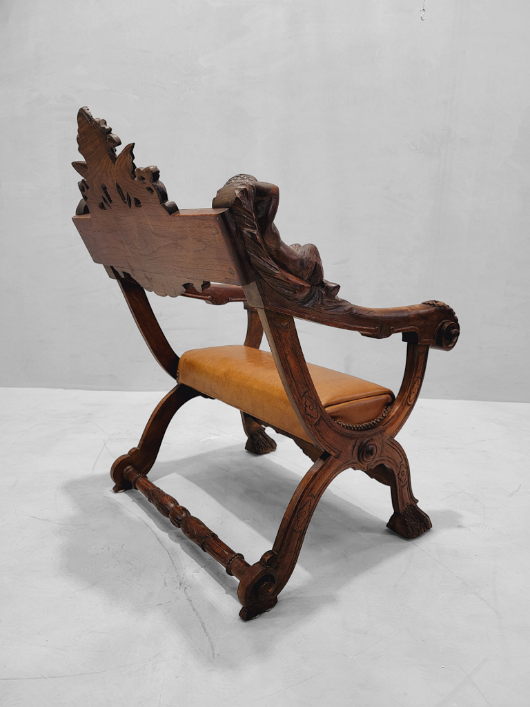 Antique Venetian 18th Century Baroque Style Hand-Carved Walnut Armchair with Brown Leather Upholstery