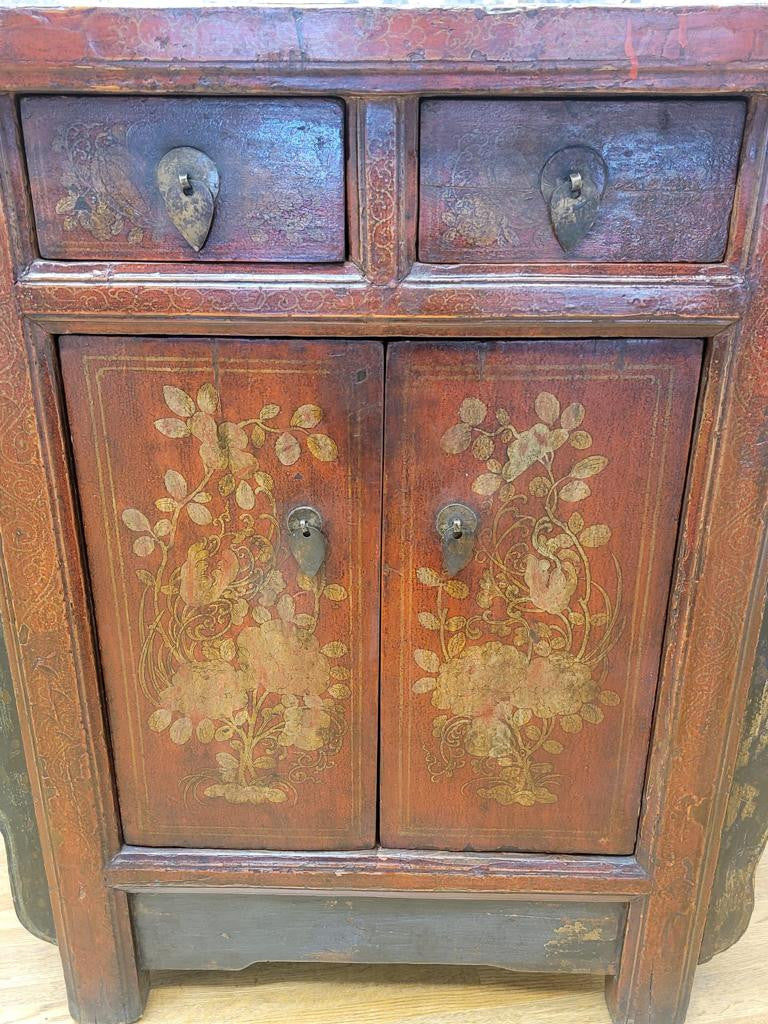 Antique Shanxi Province Winged Red Lacquer Painted Small Cabinet