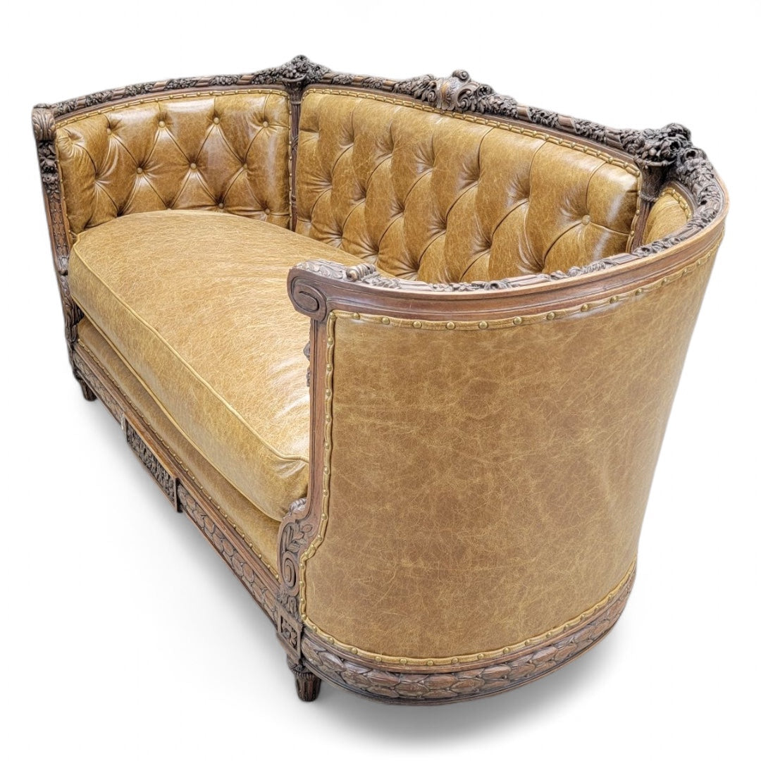 Antique French Regency Mahogany Carved and Curved Sofa Newly Reupholstered in Leather