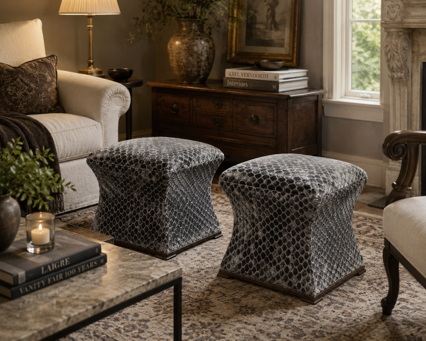 Custom Concave Ottomans Newly Reupholstered - Pair