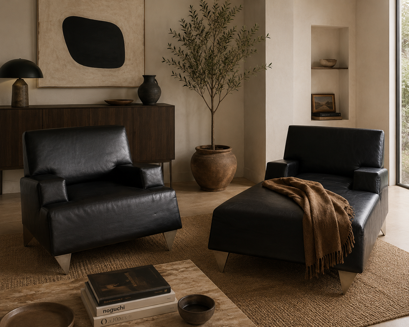 Vintage Modern Black Leather Lounge Chair and Chaise, 2-Piece Set by Catherine Chanicci