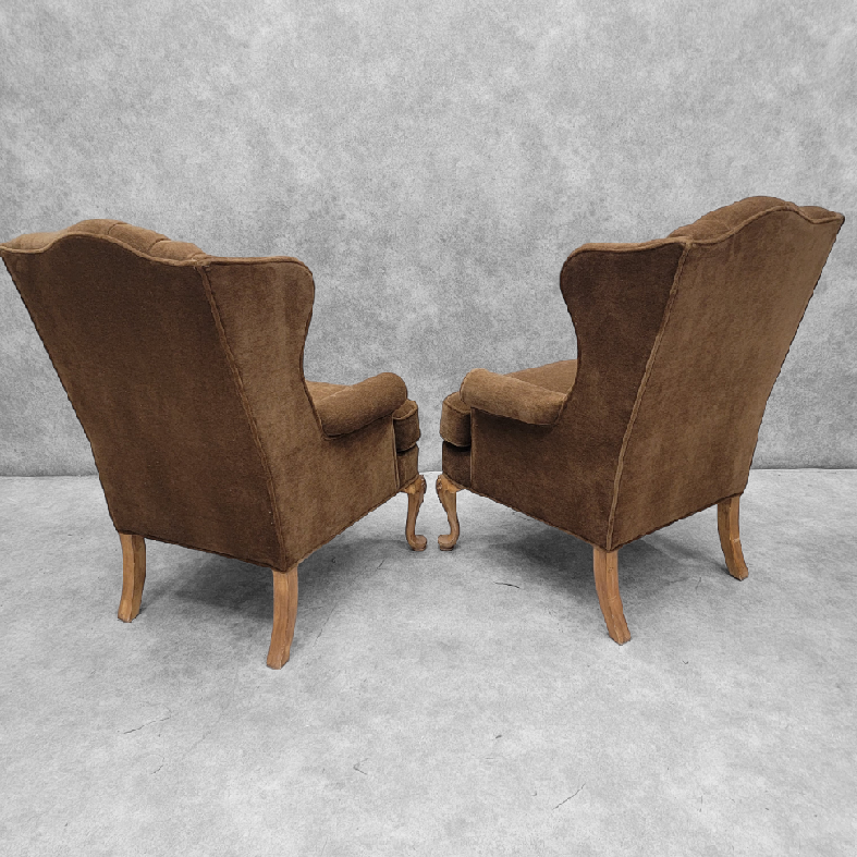 Vintage Henredon Wingback Tufted Back Lounge Chairs Newly Reupholstered in Dark Camel Alpaca Mohair - Pair